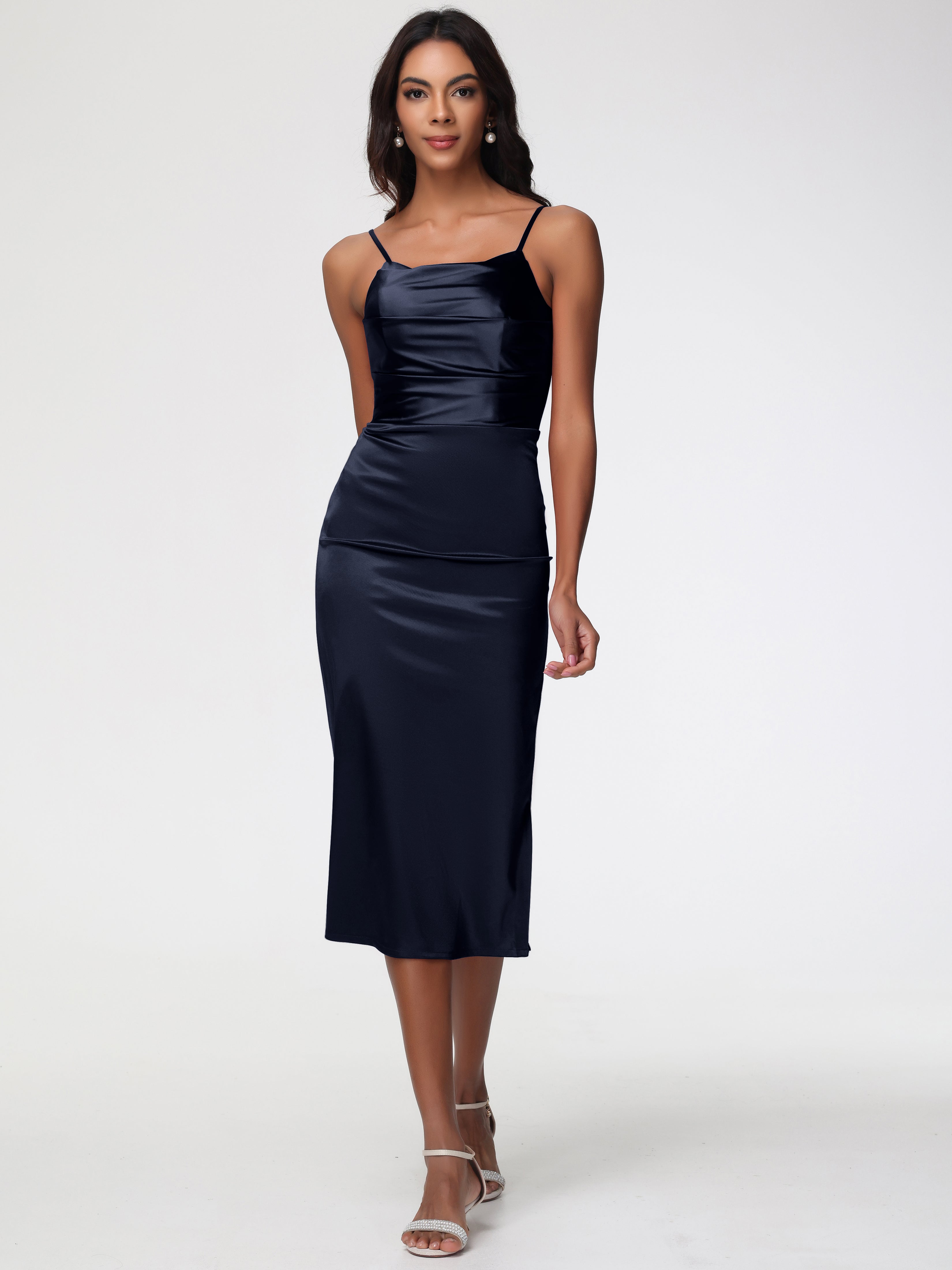Robe Demoiselle D Honneur Bleu Marine Col Bénitier Satin Extensible Robe Fourreau Demoiselle D'Honneur Mi Longue