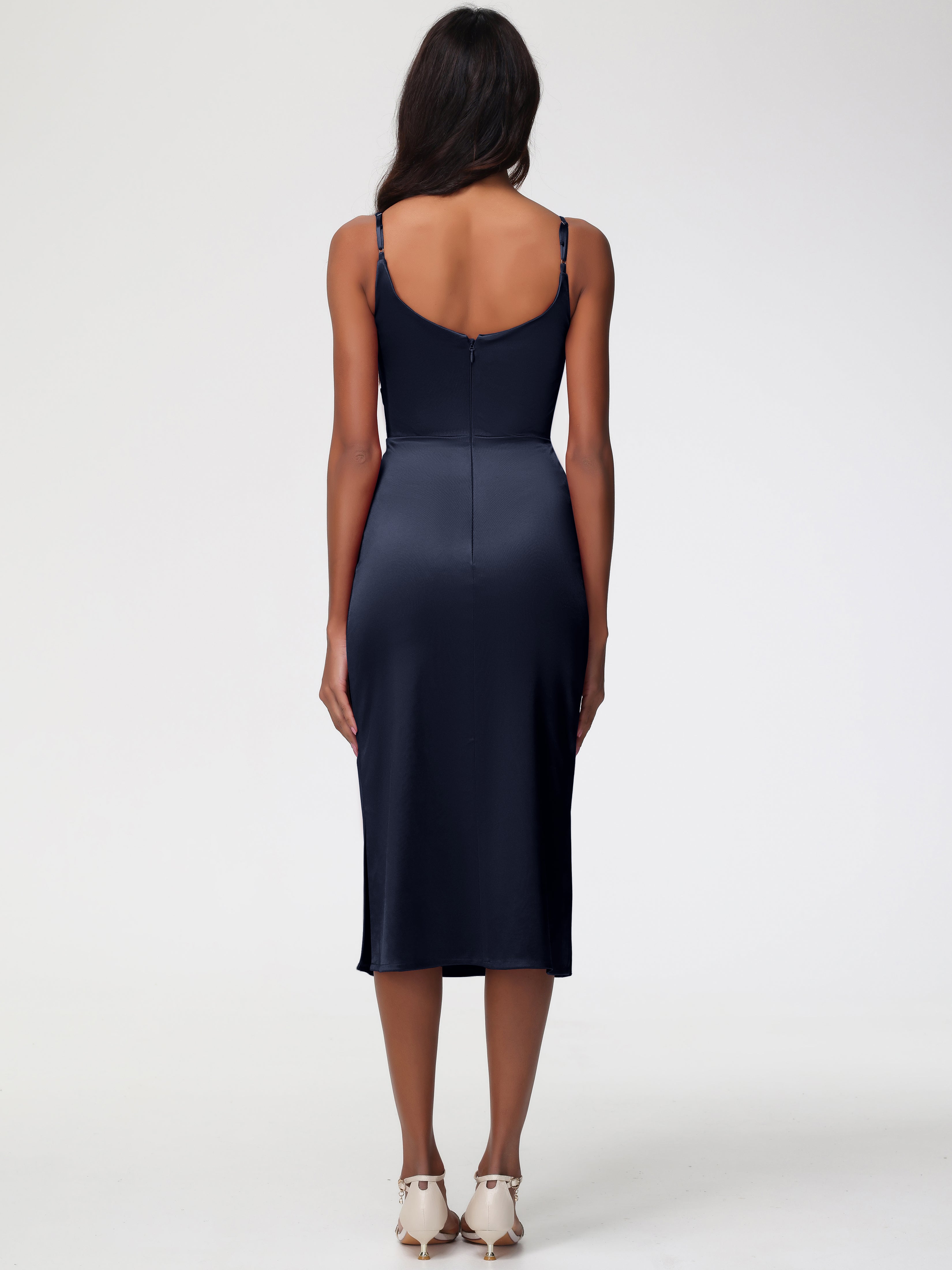 Robe Demoiselle D Honneur Bleu Marine Col Bénitier Satin Extensible Robe Fourreau Demoiselle D'Honneur Mi Longue