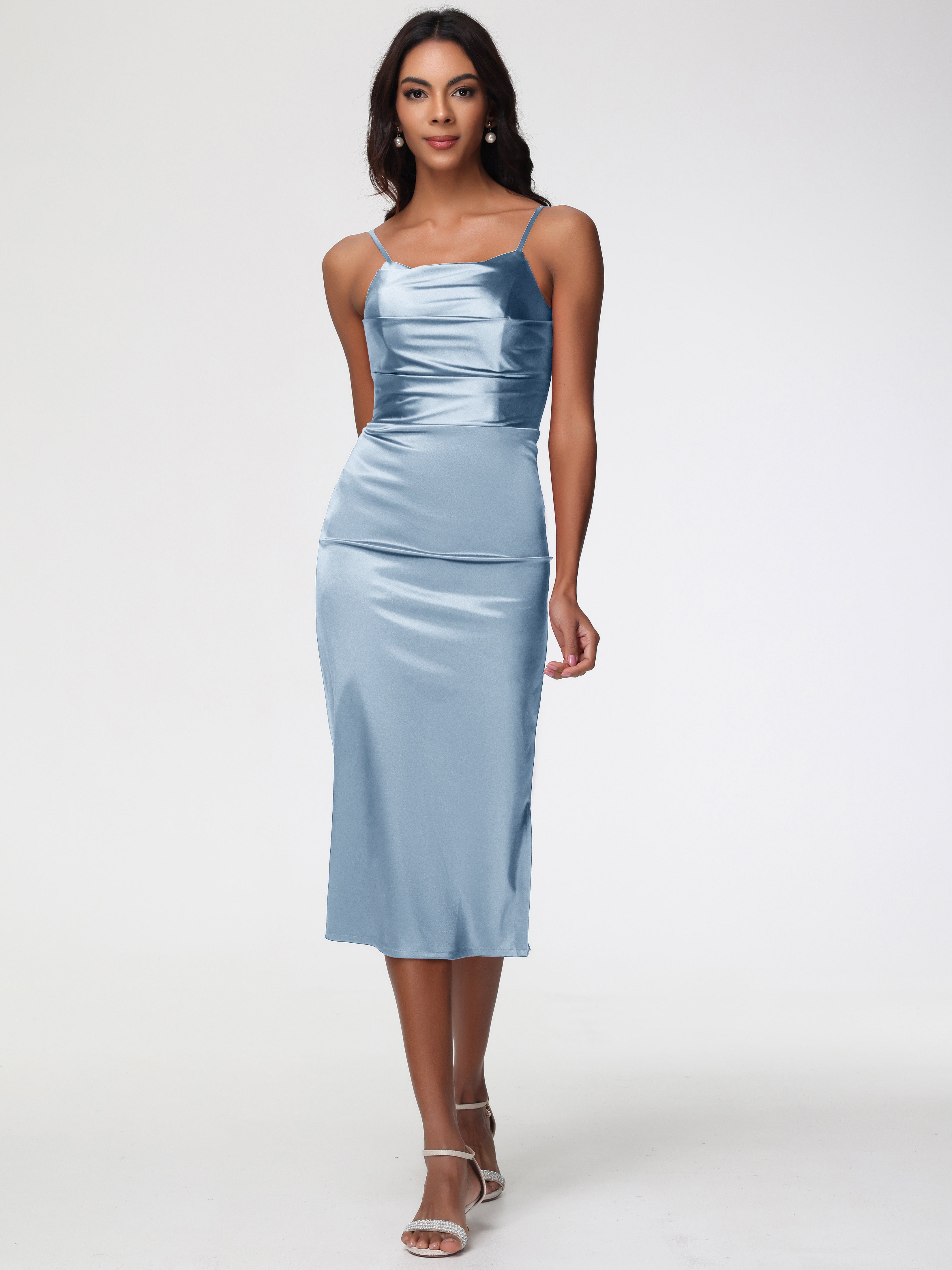 Robe Demoiselle D Honneur Bleu Poussiereux Col Bénitier Satin Extensible Robe Fourreau Demoiselle D'Honneur Mi Longue