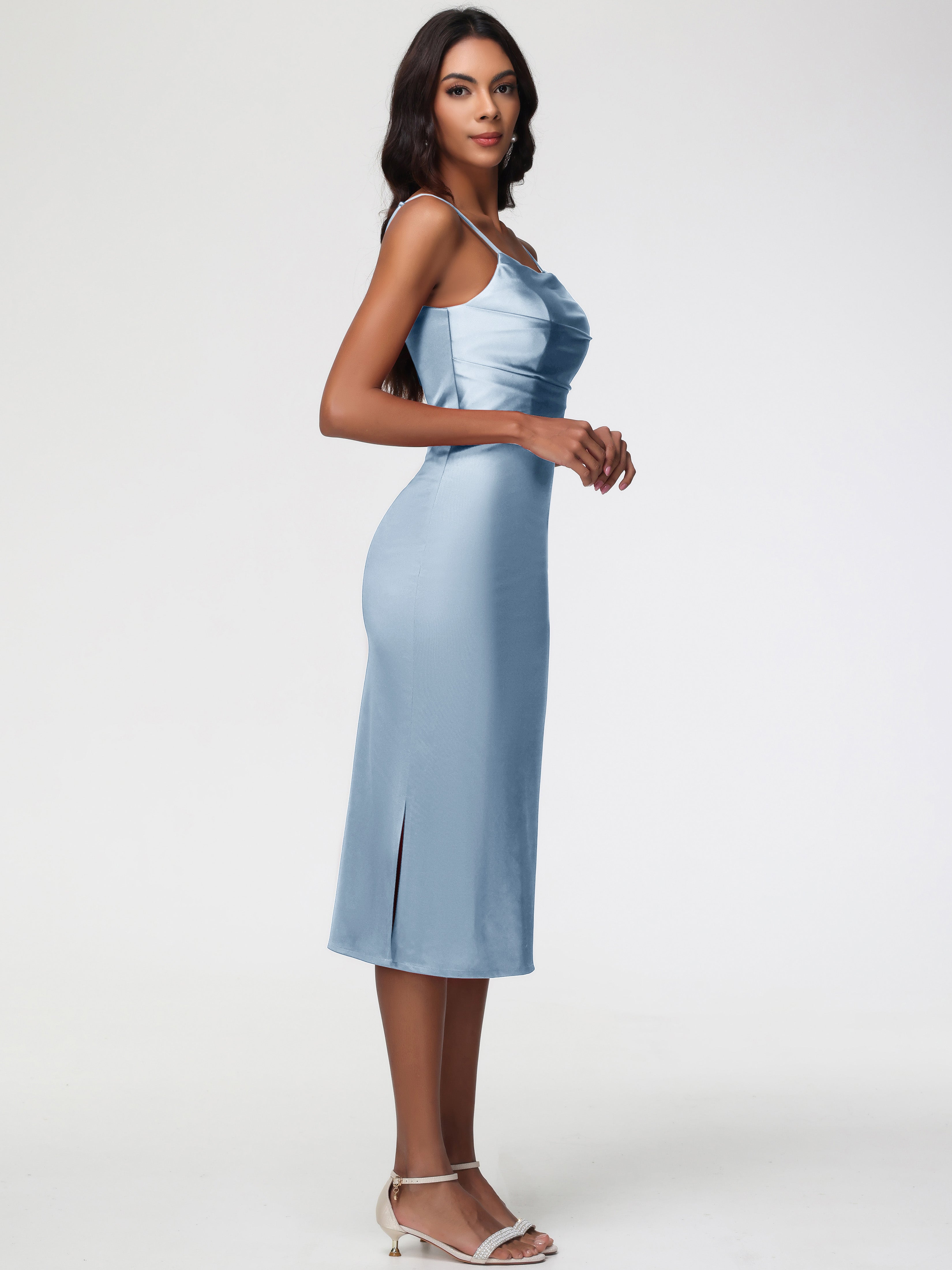 Robe Demoiselle D Honneur Bleu Poussiereux Col Bénitier Satin Extensible Robe Fourreau Demoiselle D'Honneur Mi Longue