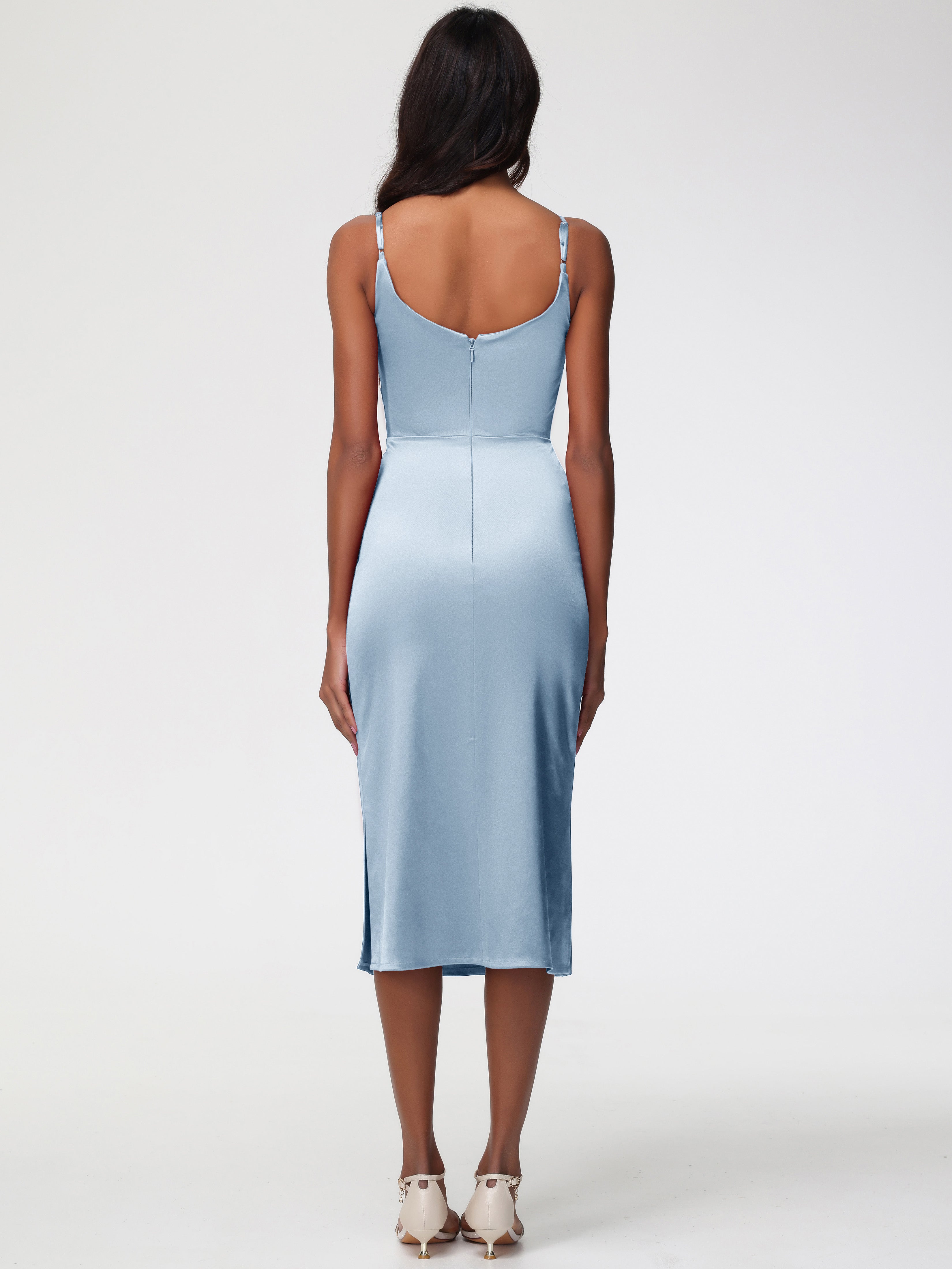 Robe Demoiselle D Honneur Bleu Poussiereux Col Bénitier Satin Extensible Robe Fourreau Demoiselle D'Honneur Mi Longue