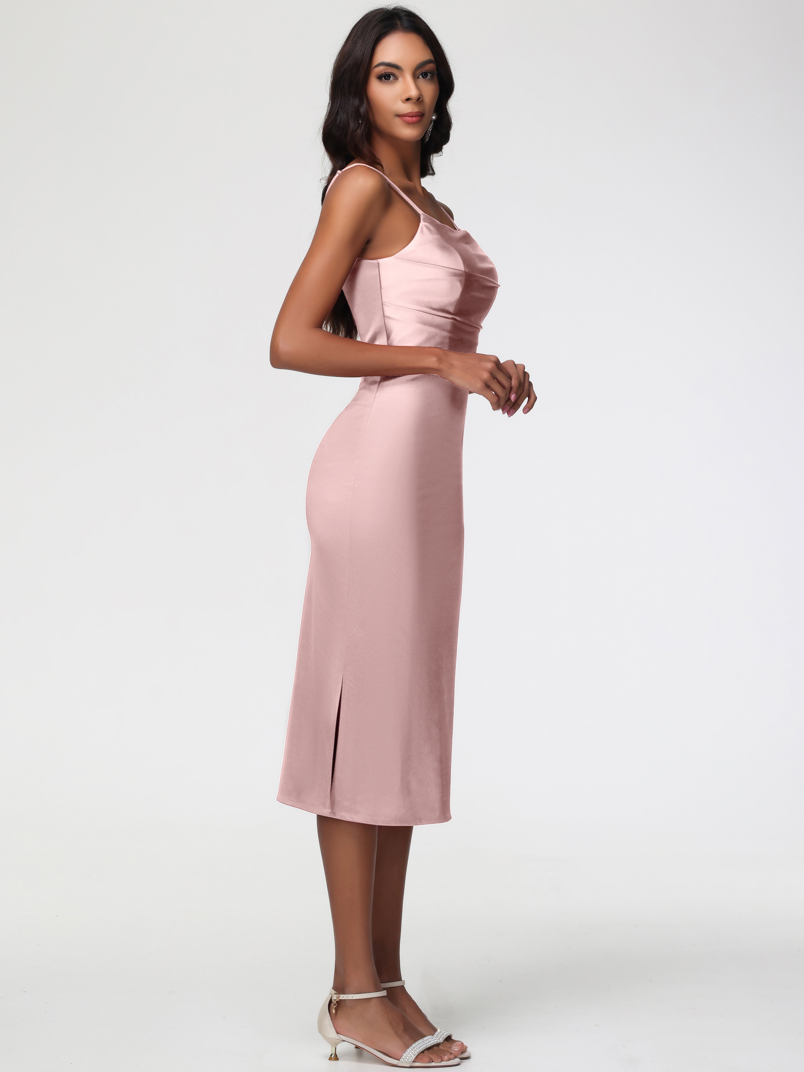 Robe Demoiselle D Honneur Rose Poudré Col Bénitier Satin Extensible Robe Fourreau Demoiselle D'Honneur Mi Longue