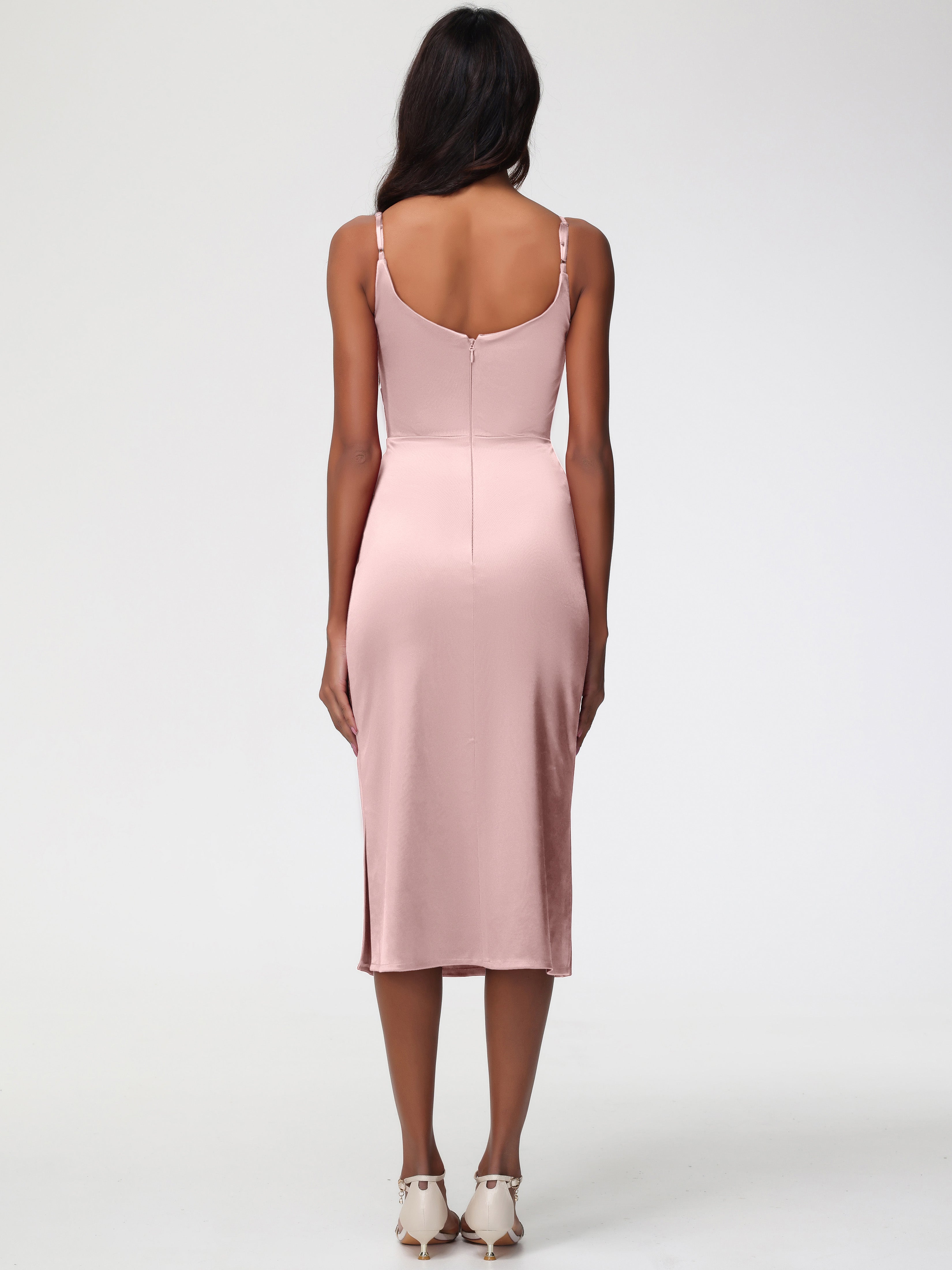 Robe Demoiselle D Honneur Rose Poudré Col Bénitier Satin Extensible Robe Fourreau Demoiselle D'Honneur Mi Longue