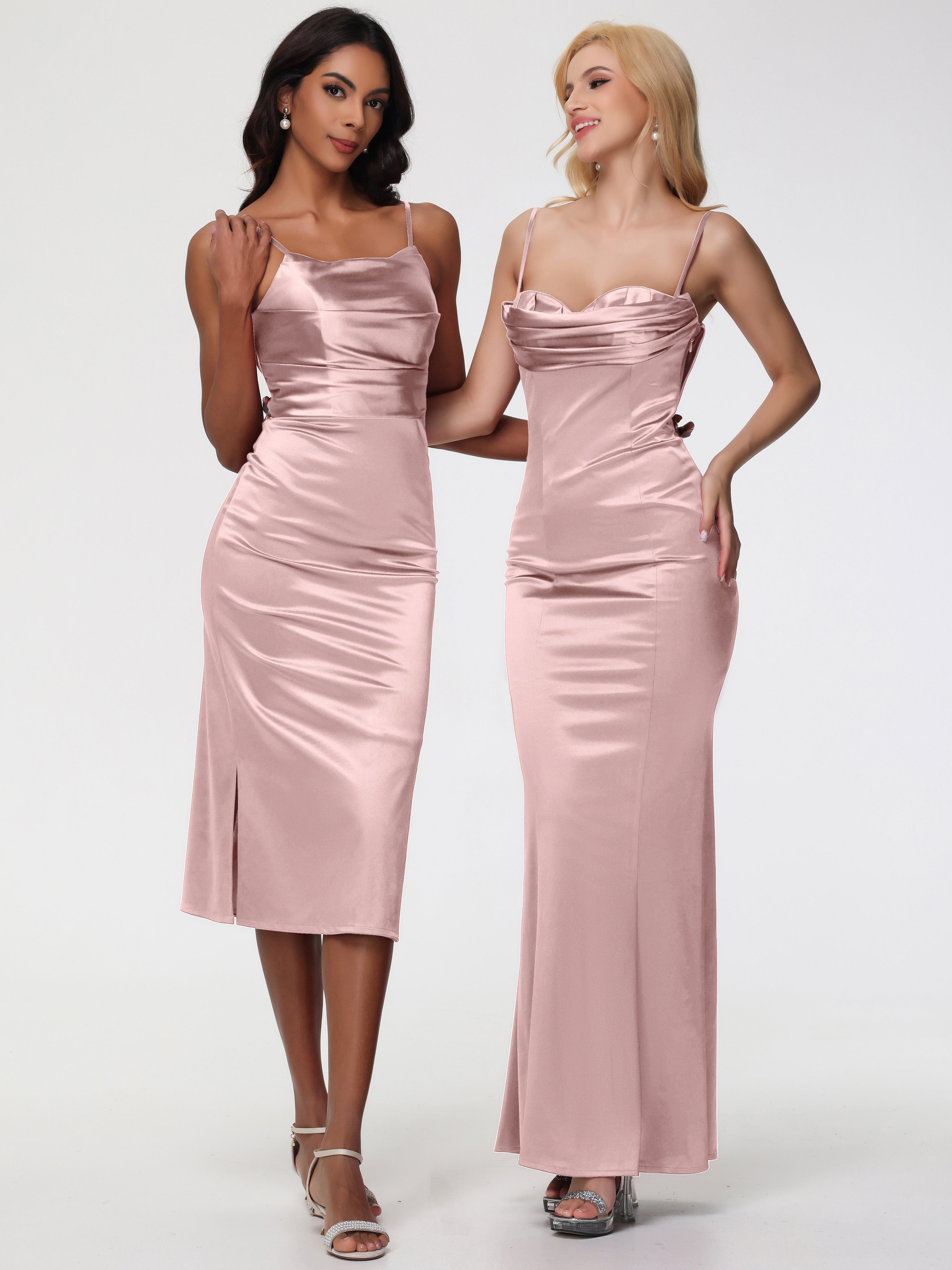 Robe Demoiselle D Honneur Rose Poudré Col Bénitier Satin Extensible Robe Fourreau Demoiselle D'Honneur Mi Longue