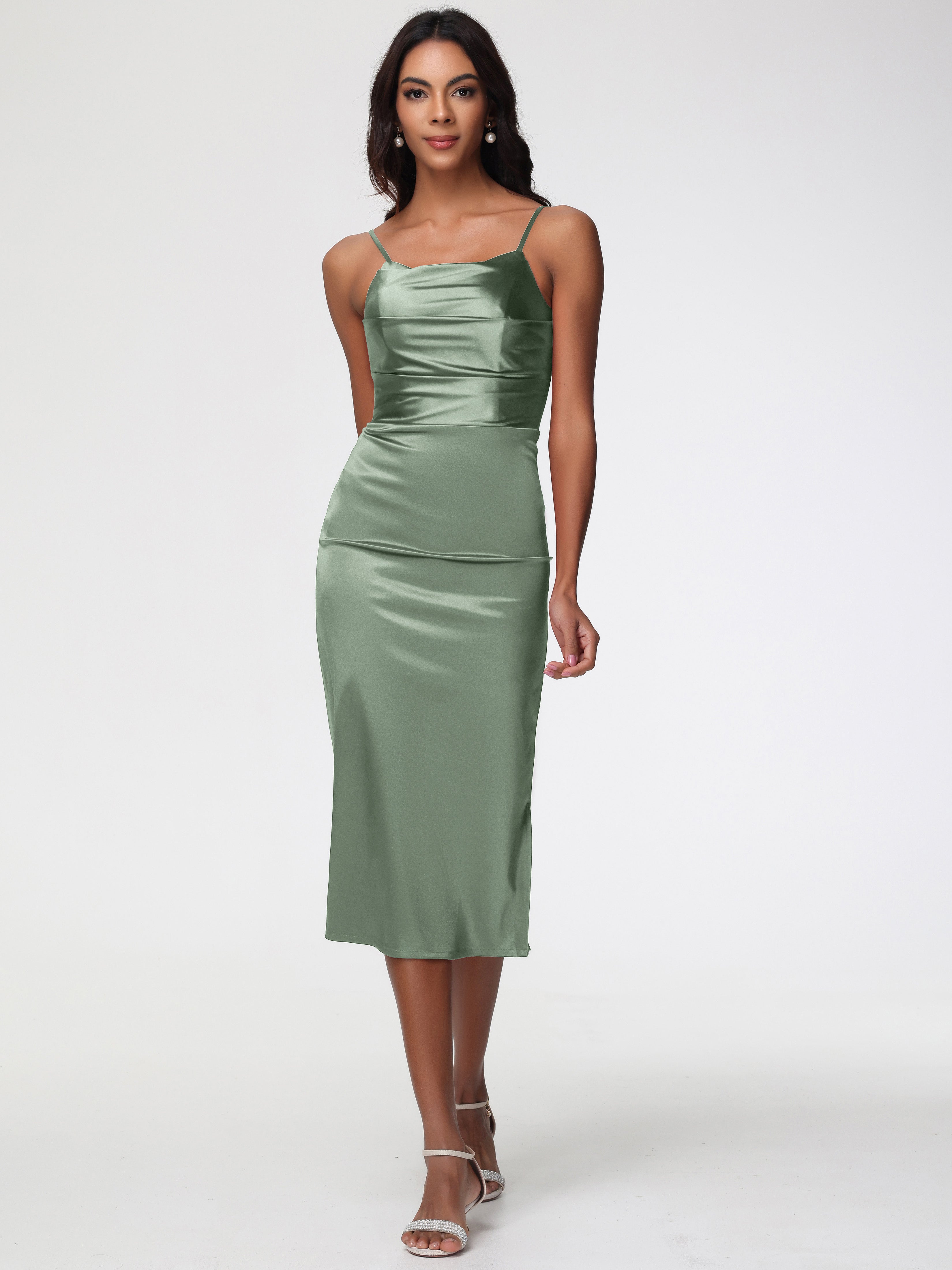 Robe Demoiselle D Honneur Sauge Poudrée Col Bénitier Satin Extensible Robe Fourreau Demoiselle D'Honneur Mi Longue