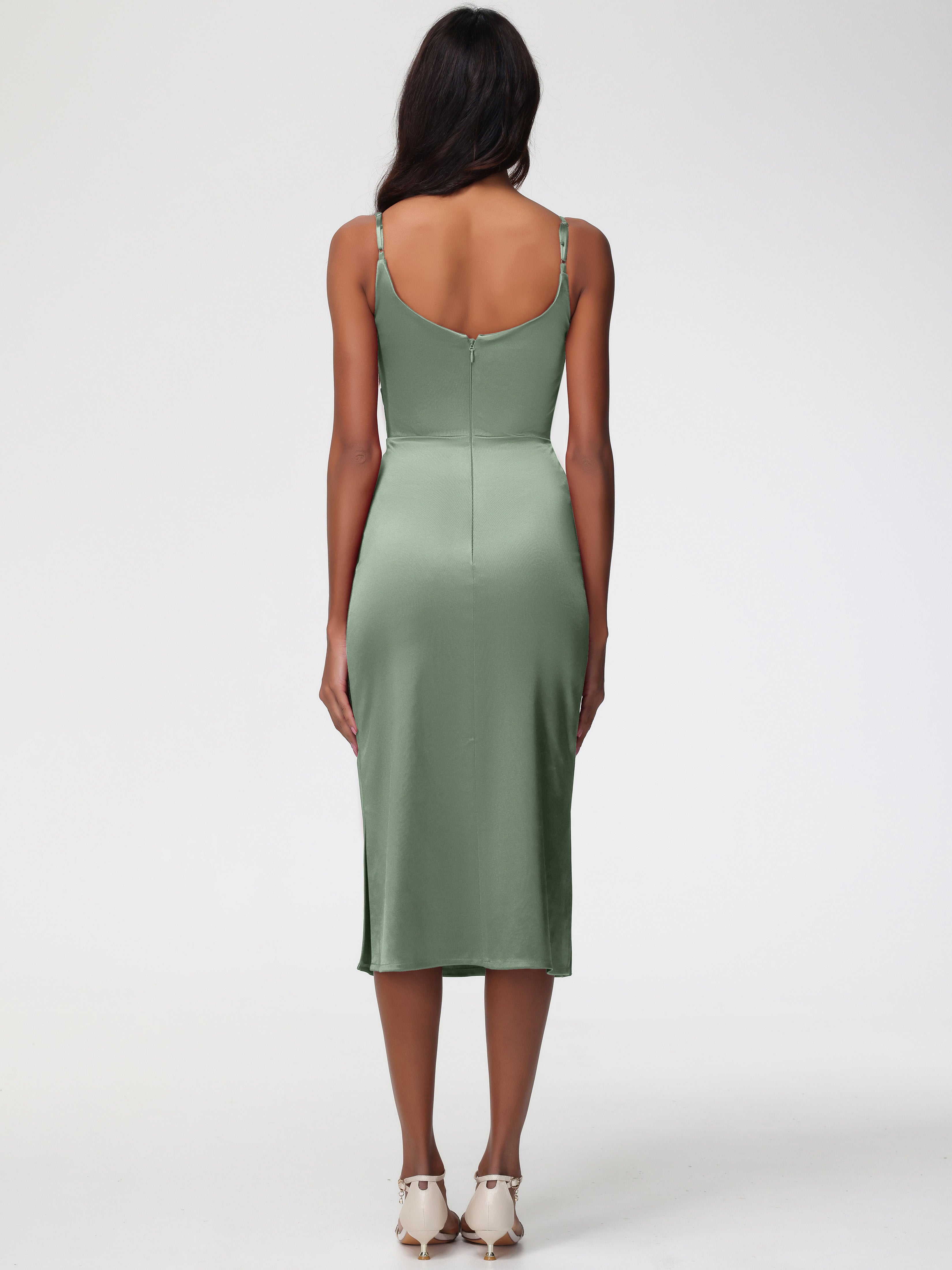 Robe Demoiselle D Honneur Sauge Poudrée Col Bénitier Satin Extensible Robe Fourreau Demoiselle D'Honneur Mi Longue