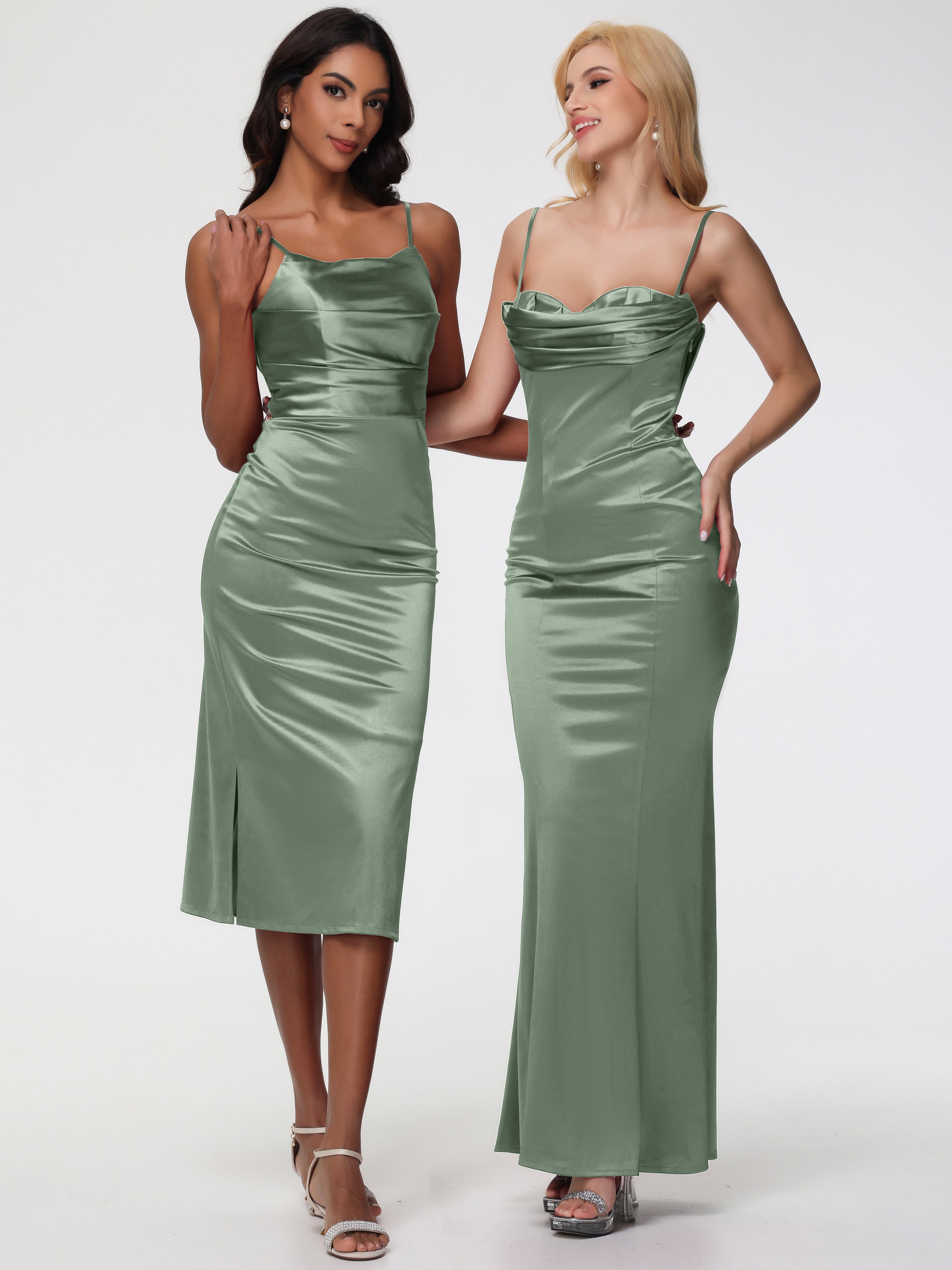 Robe Demoiselle D Honneur Sauge Poudrée Col Bénitier Satin Extensible Robe Fourreau Demoiselle D'Honneur Mi Longue