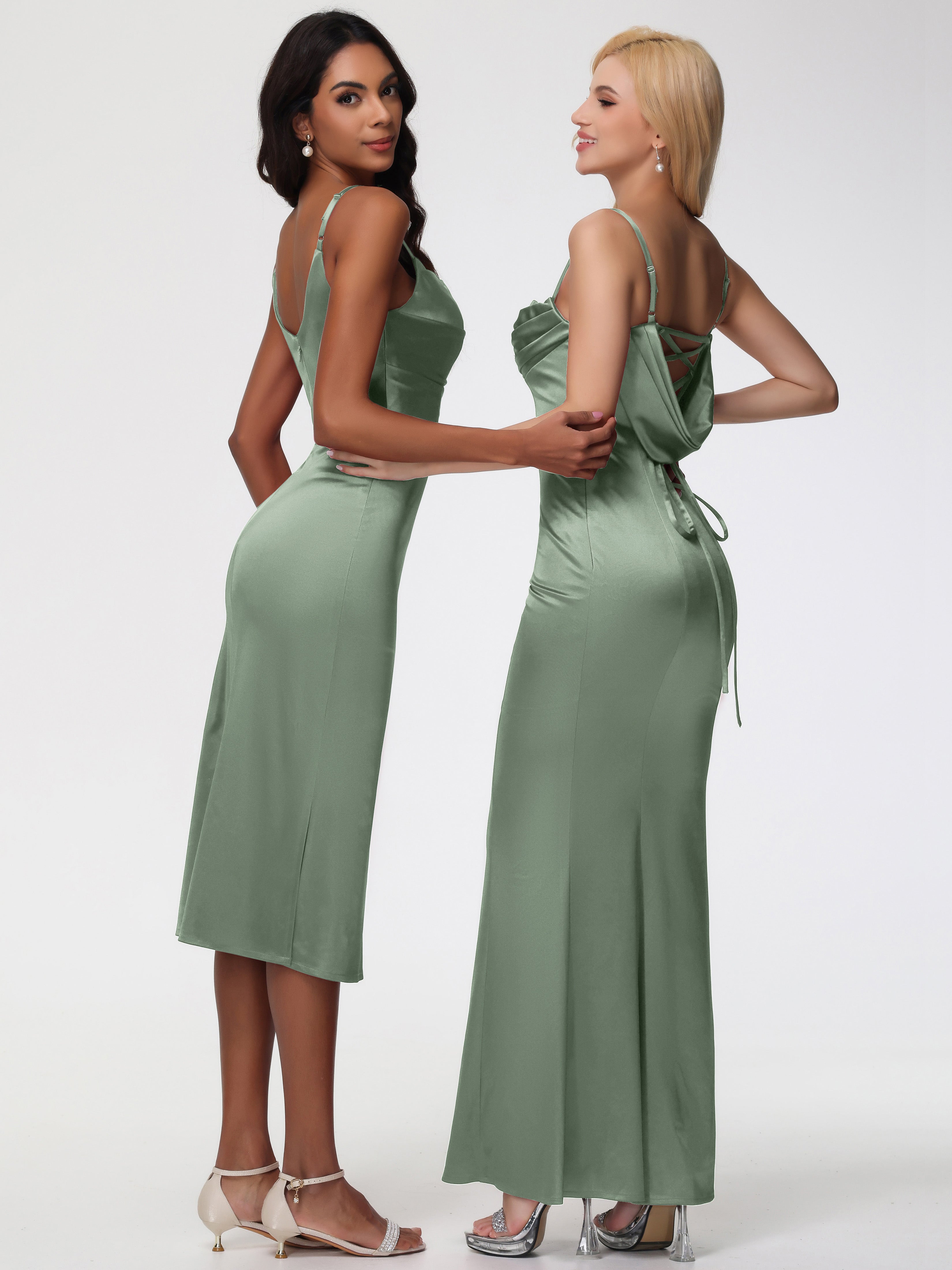 Robe Demoiselle D Honneur Sauge Poudrée Col Bénitier Satin Extensible Robe Fourreau Demoiselle D'Honneur Mi Longue