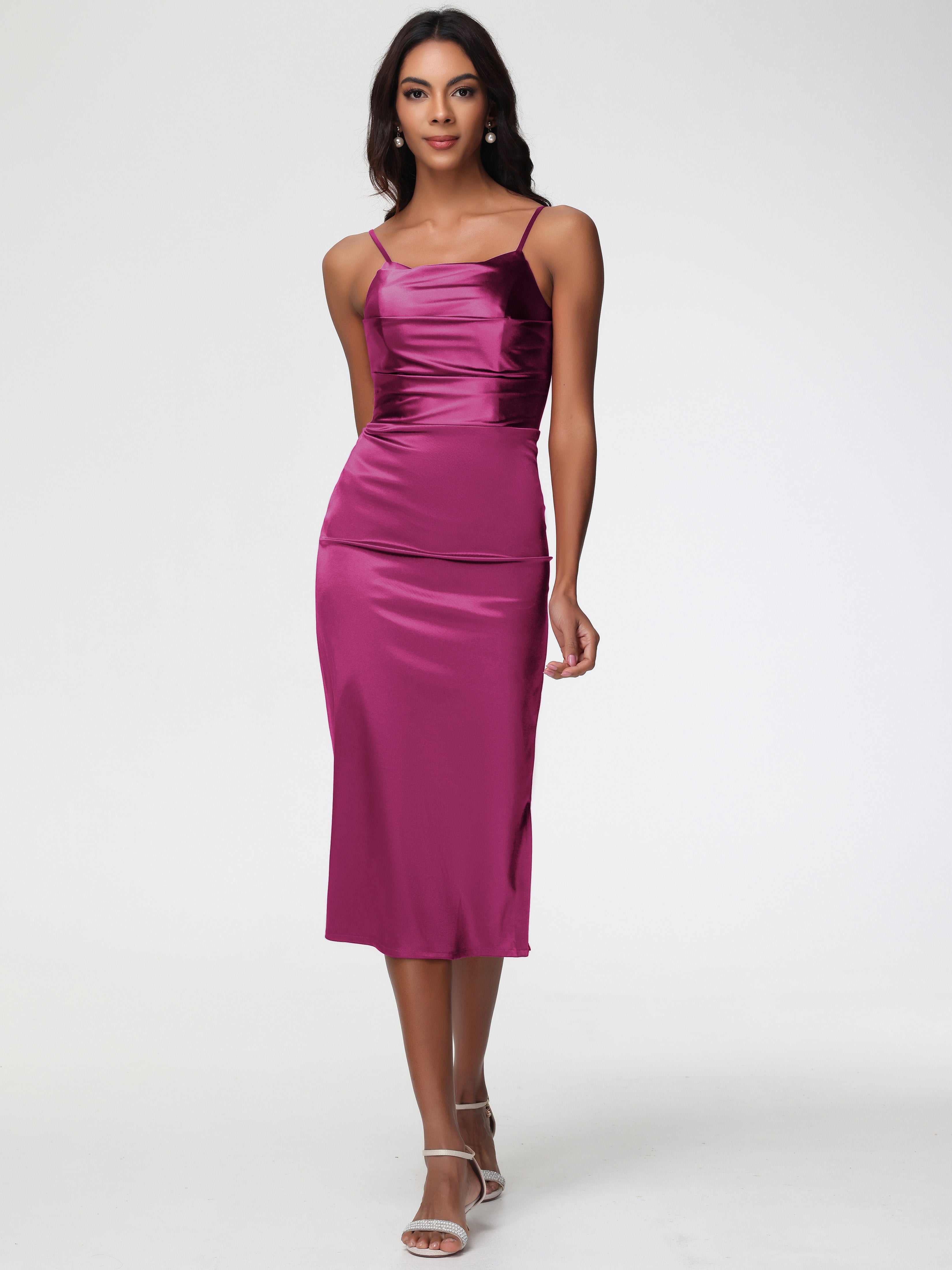Robes De Demoiselle D'Honneur Rose Fuchsia Col Bénitier Satin Extensible Robe Fourreau Demoiselle D'Honneur Mi Longue