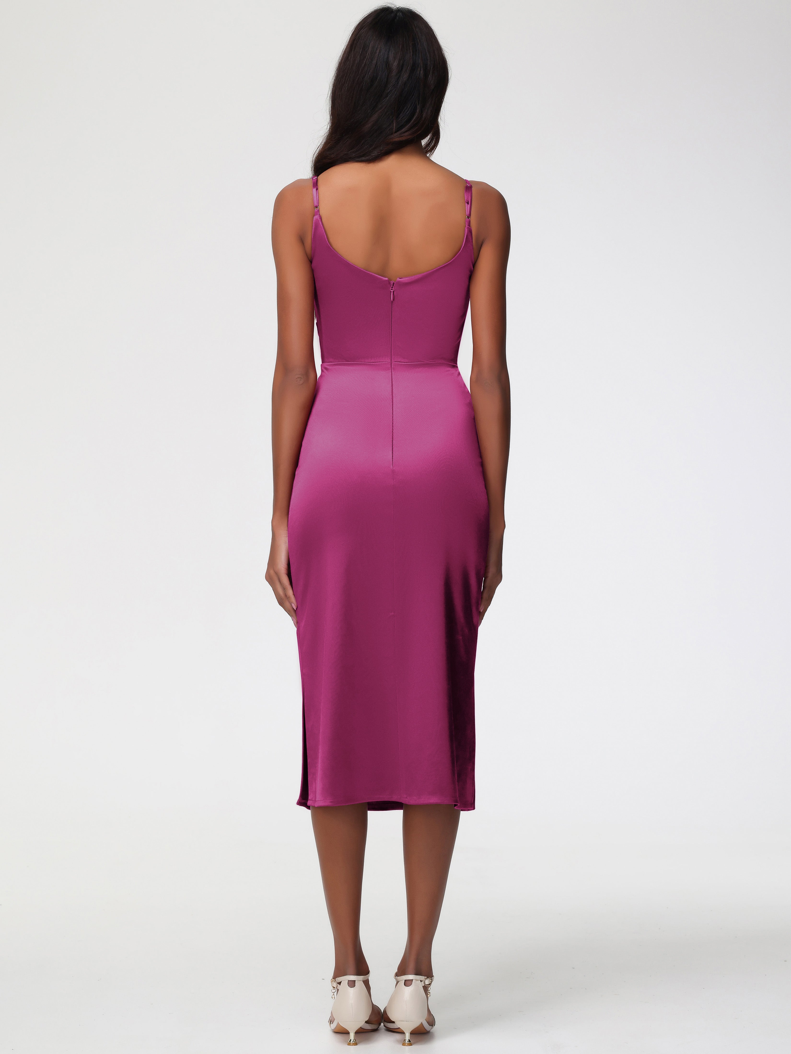 Robes De Demoiselle D'Honneur Rose Fuchsia Col Bénitier Satin Extensible Robe Fourreau Demoiselle D'Honneur Mi Longue