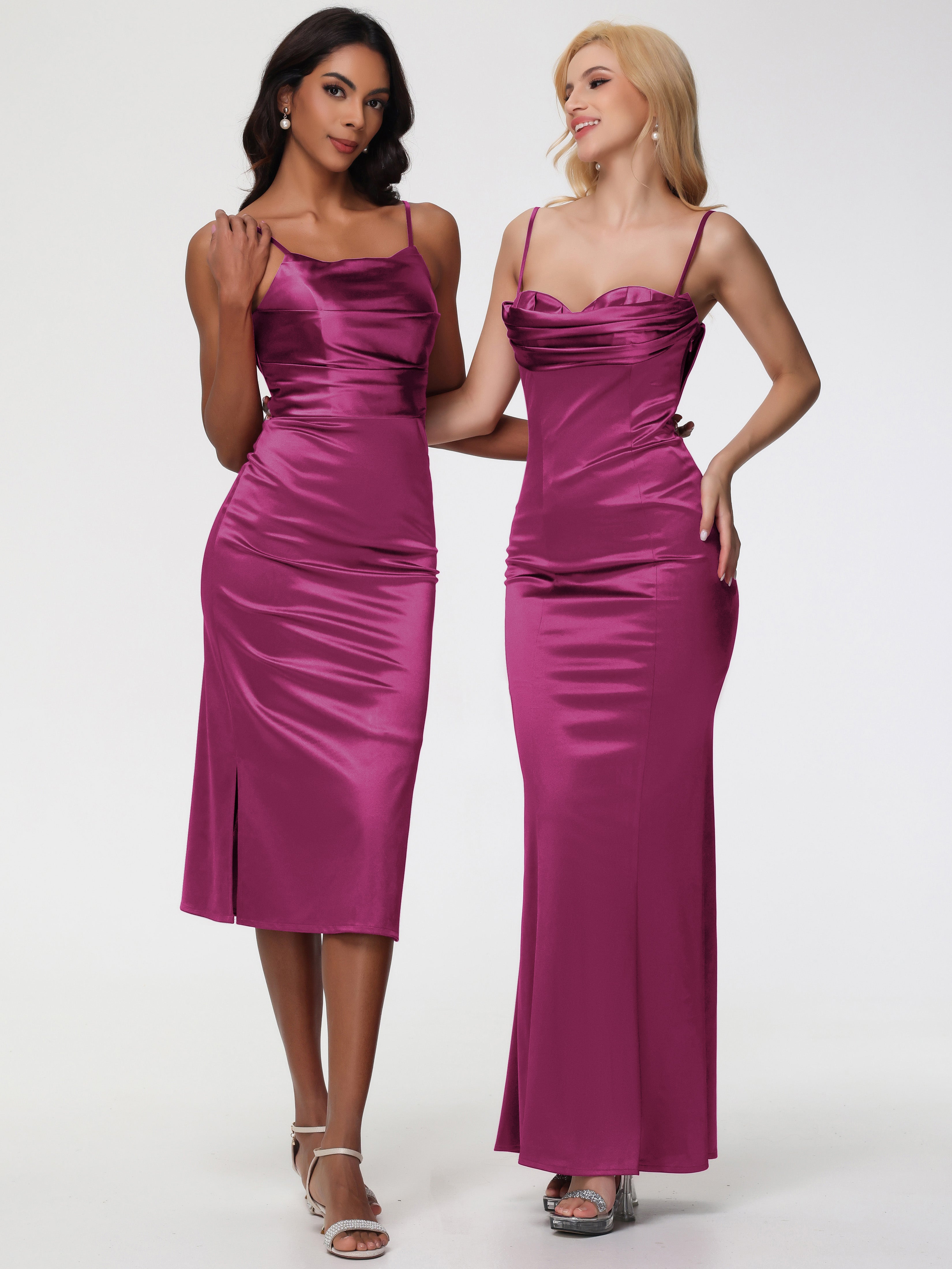 Robes De Demoiselle D'Honneur Rose Fuchsia Col Bénitier Satin Extensible Robe Fourreau Demoiselle D'Honneur Mi Longue