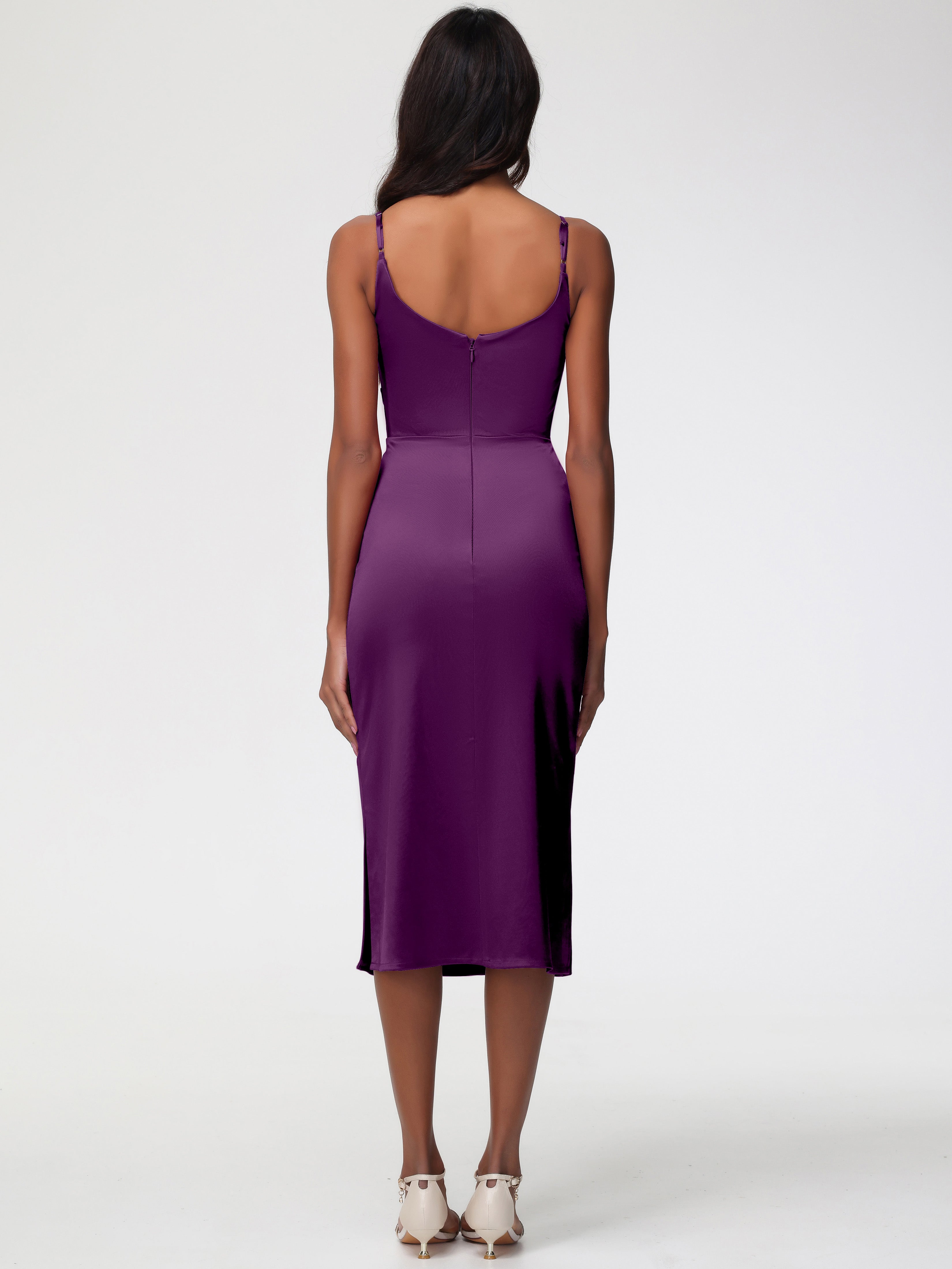 Robes De Demoiselle D'Honneur En Raisin Col Bénitier Satin Extensible Robe Fourreau Demoiselle D'Honneur Mi Longue