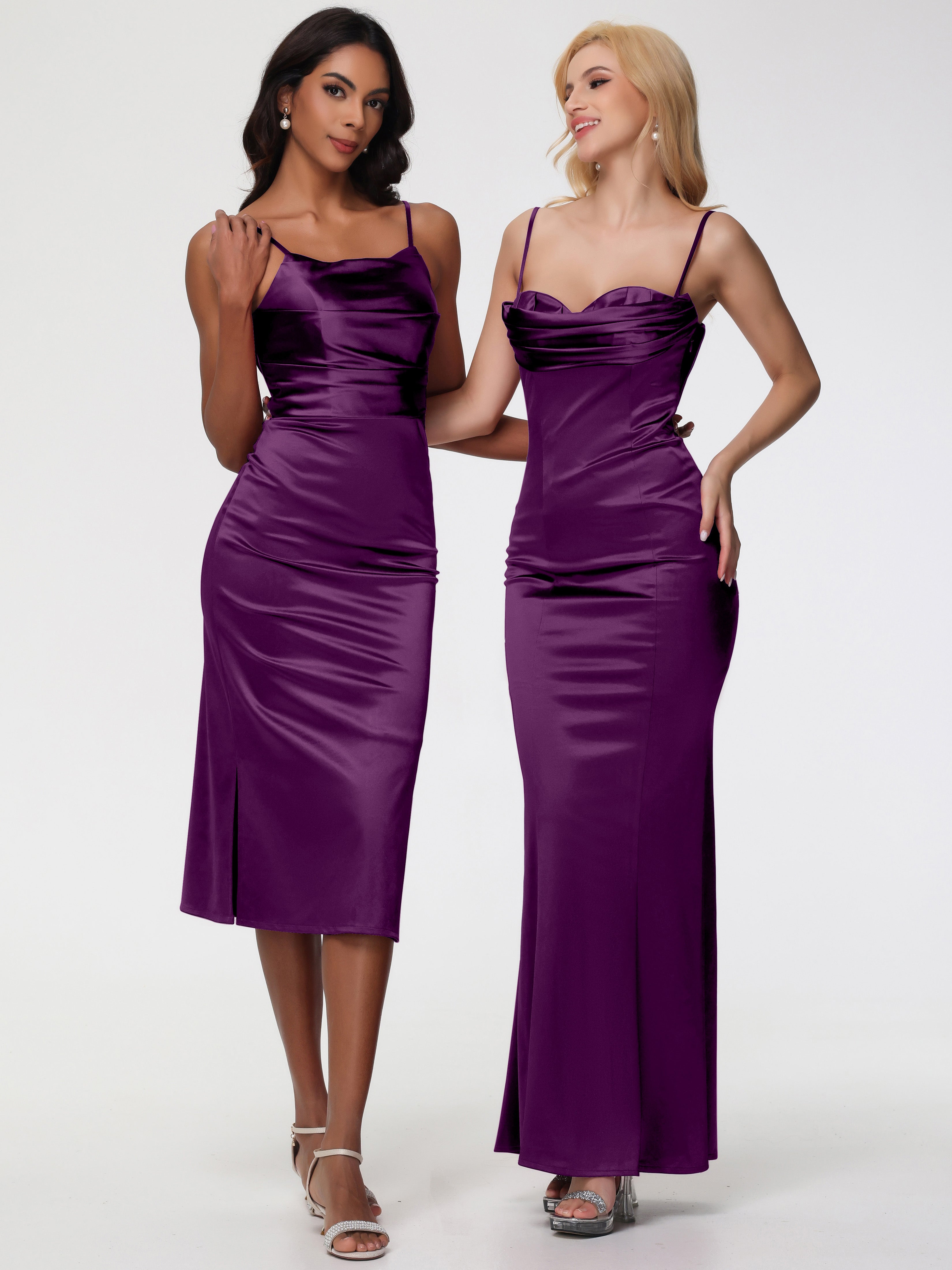 Robes De Demoiselle D'Honneur En Raisin Col Bénitier Satin Extensible Robe Fourreau Demoiselle D'Honneur Mi Longue