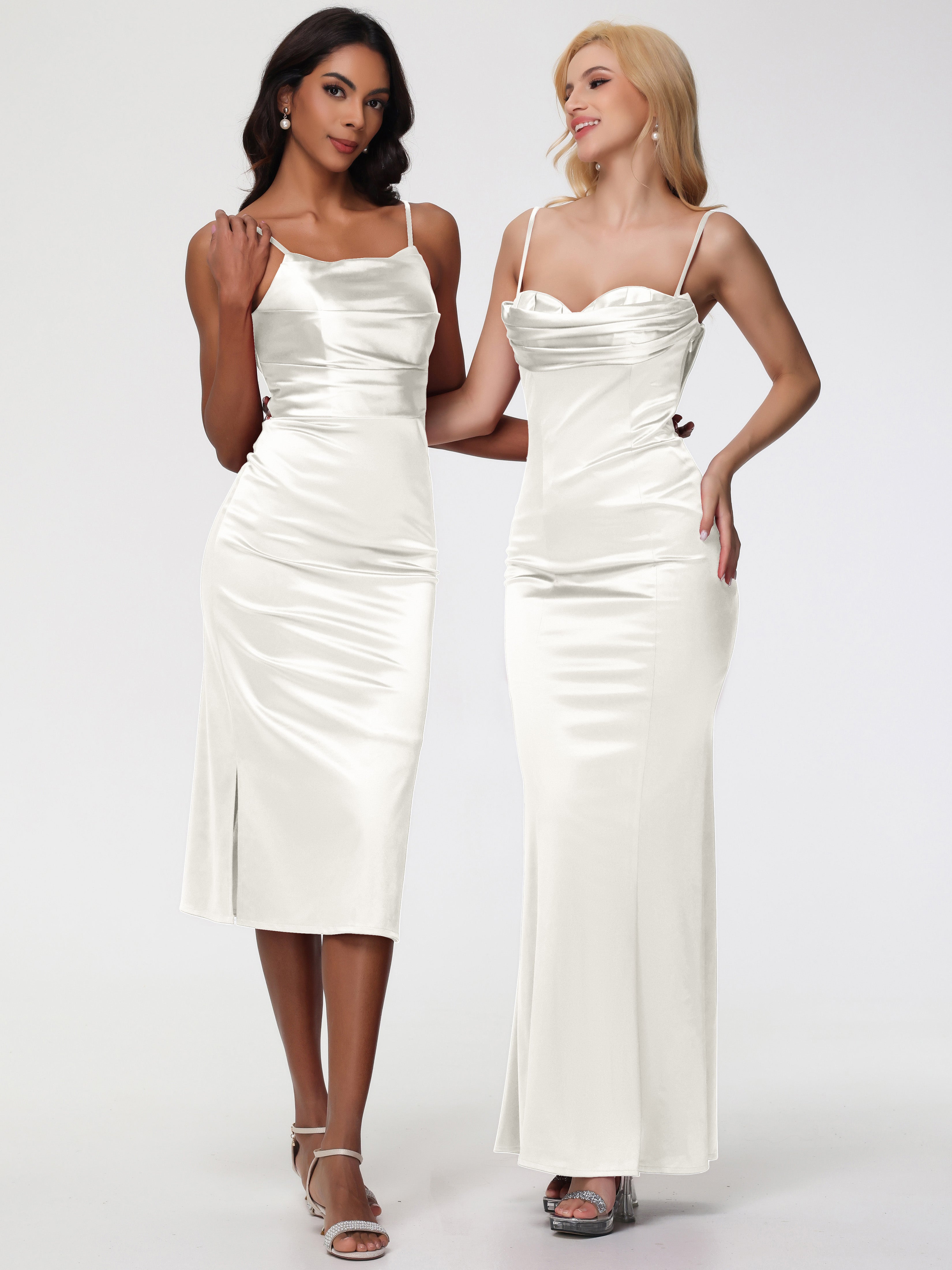 Robe De Demoiselle D Honneur Ivoire Col Bénitier Satin Extensible Robe Fourreau Demoiselle D'Honneur Mi Longue