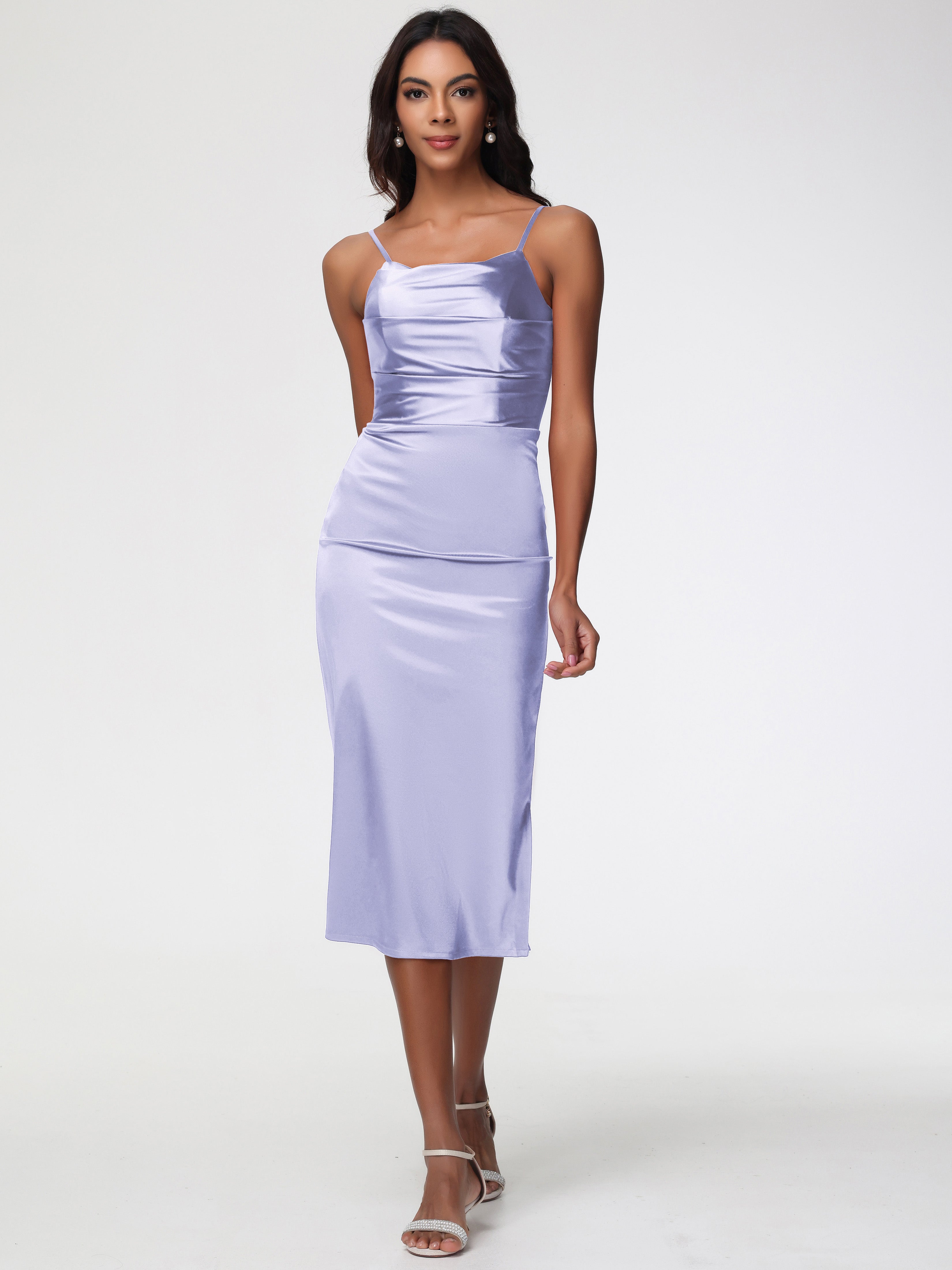 Robe De Demoiselle D'Honneur Lavande Col Bénitier Satin Extensible Robe Fourreau Demoiselle D'Honneur Mi Longue