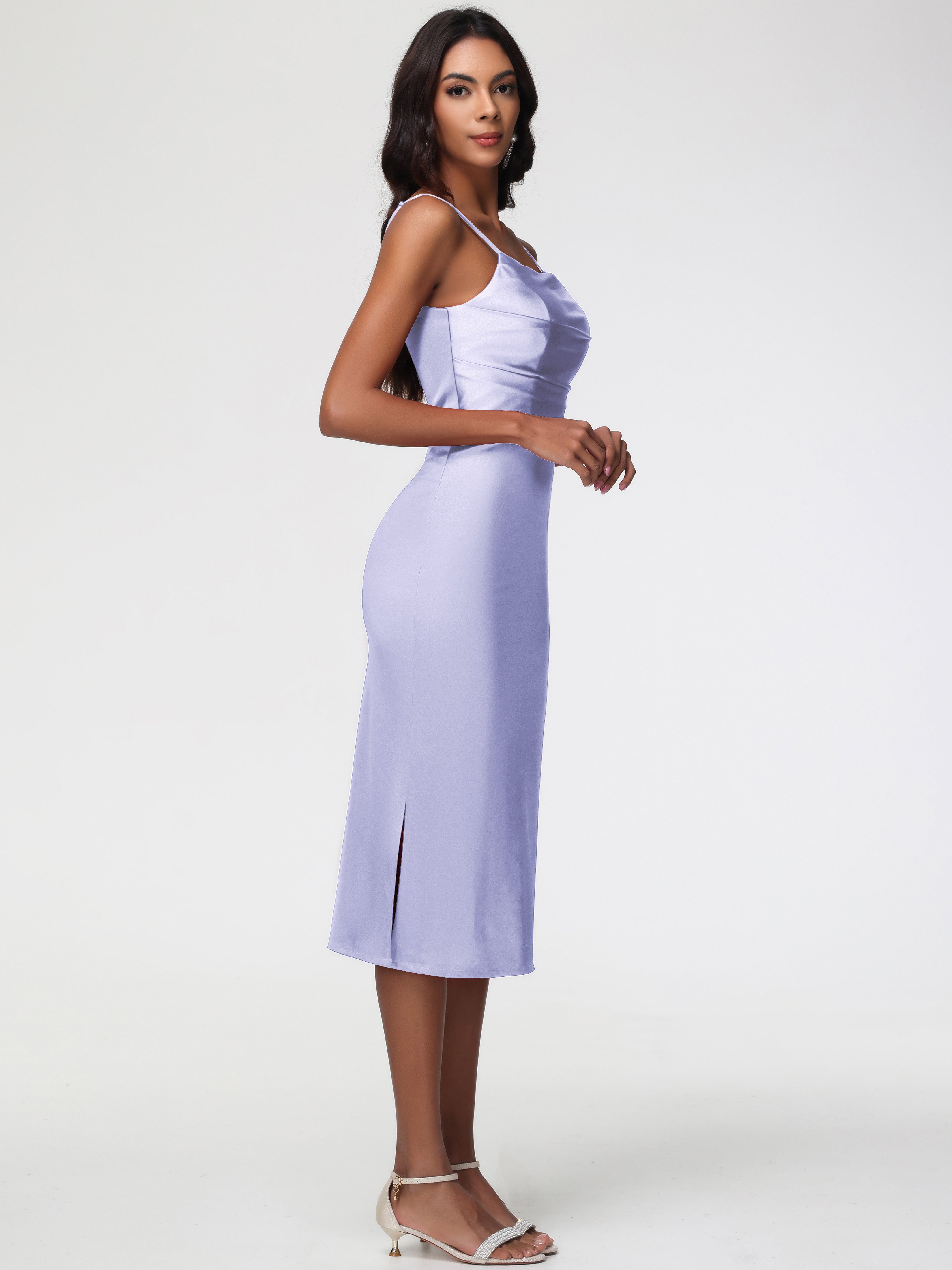 Robe De Demoiselle D'Honneur Lavande Col Bénitier Satin Extensible Robe Fourreau Demoiselle D'Honneur Mi Longue