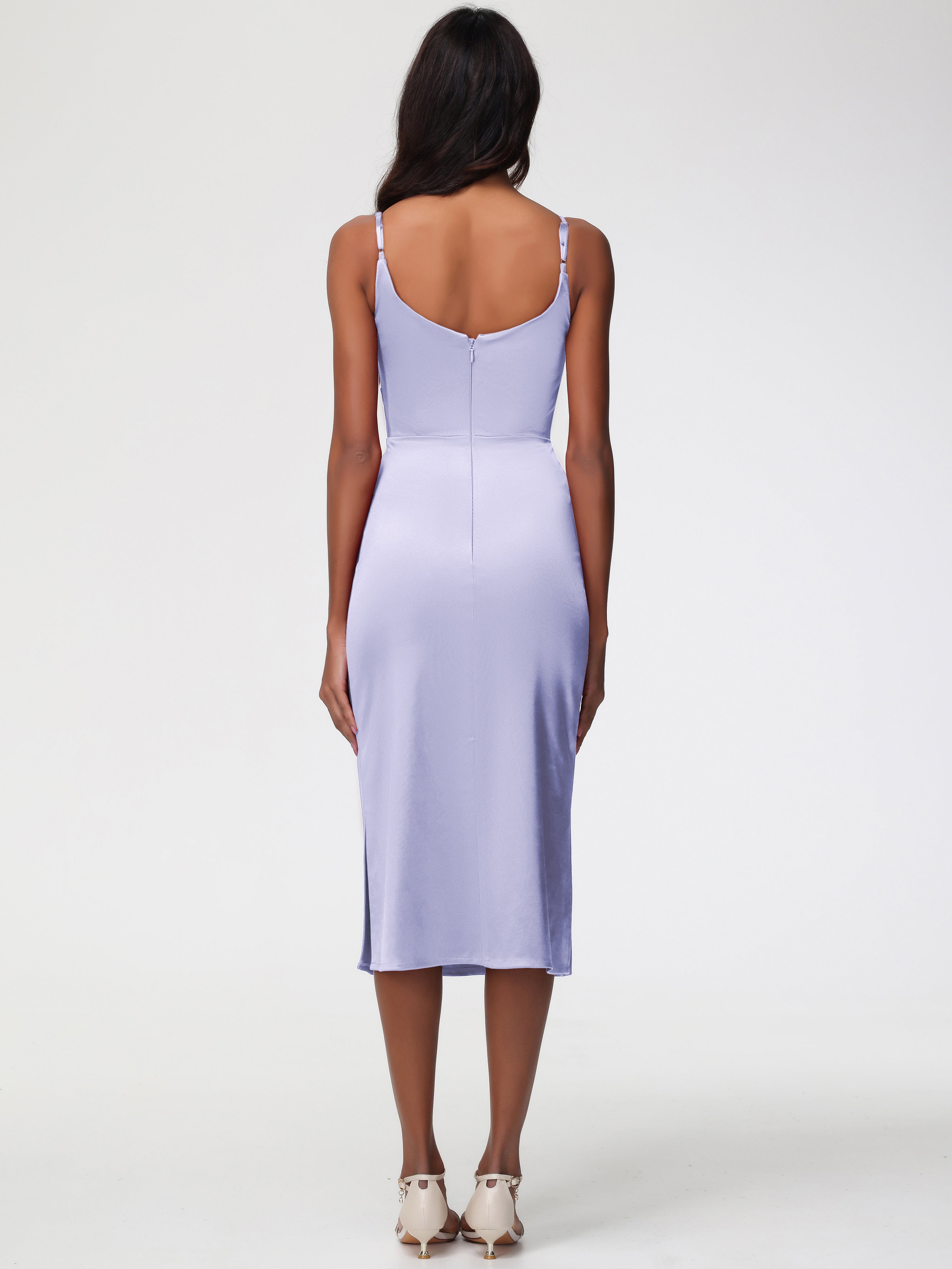 Robe De Demoiselle D'Honneur Lavande Col Bénitier Satin Extensible Robe Fourreau Demoiselle D'Honneur Mi Longue