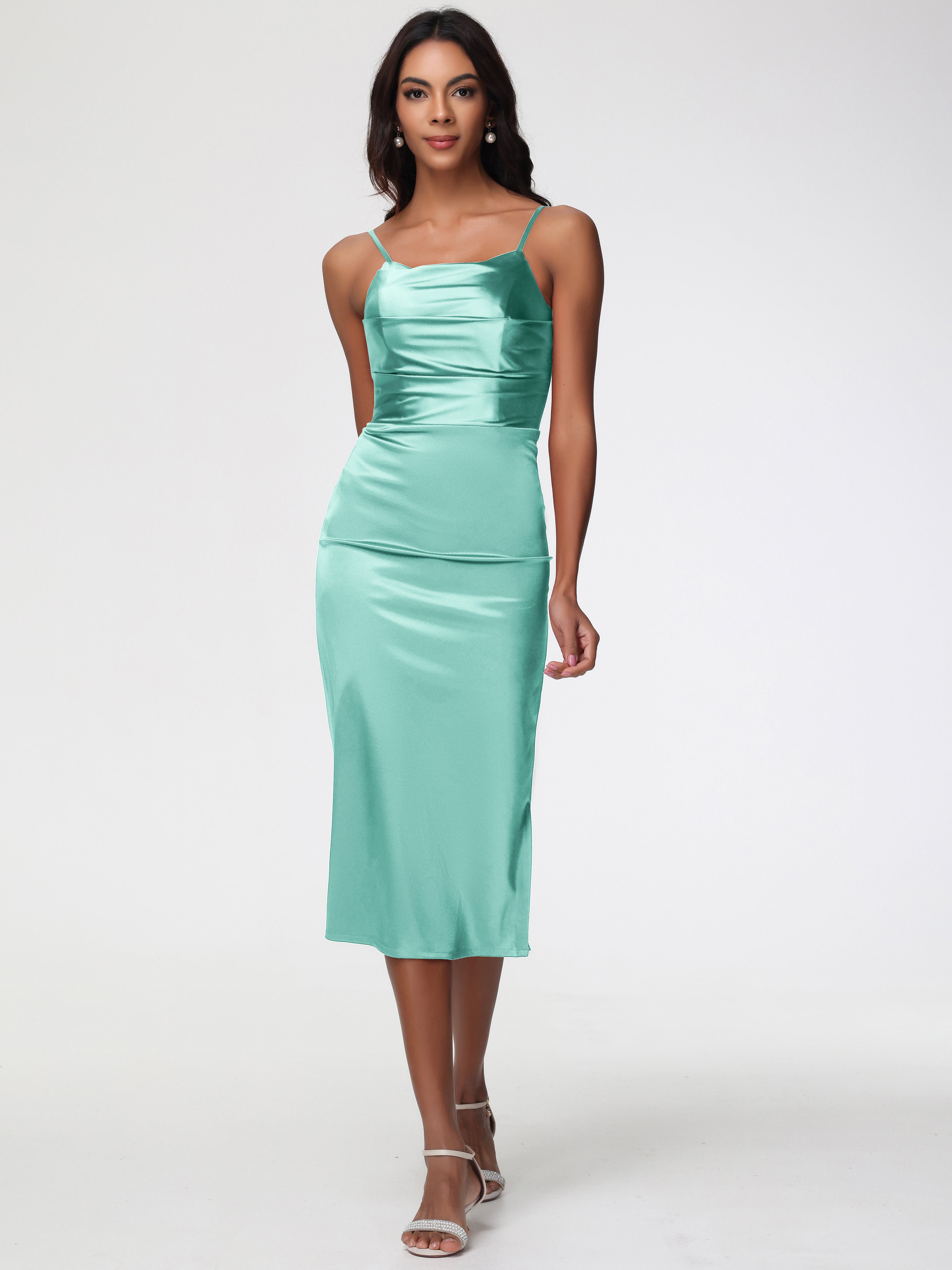 Robes De Demoiselle D'Honneur Vert Menthe Col Bénitier Satin Extensible Robe Fourreau Demoiselle D'Honneur Mi Longue