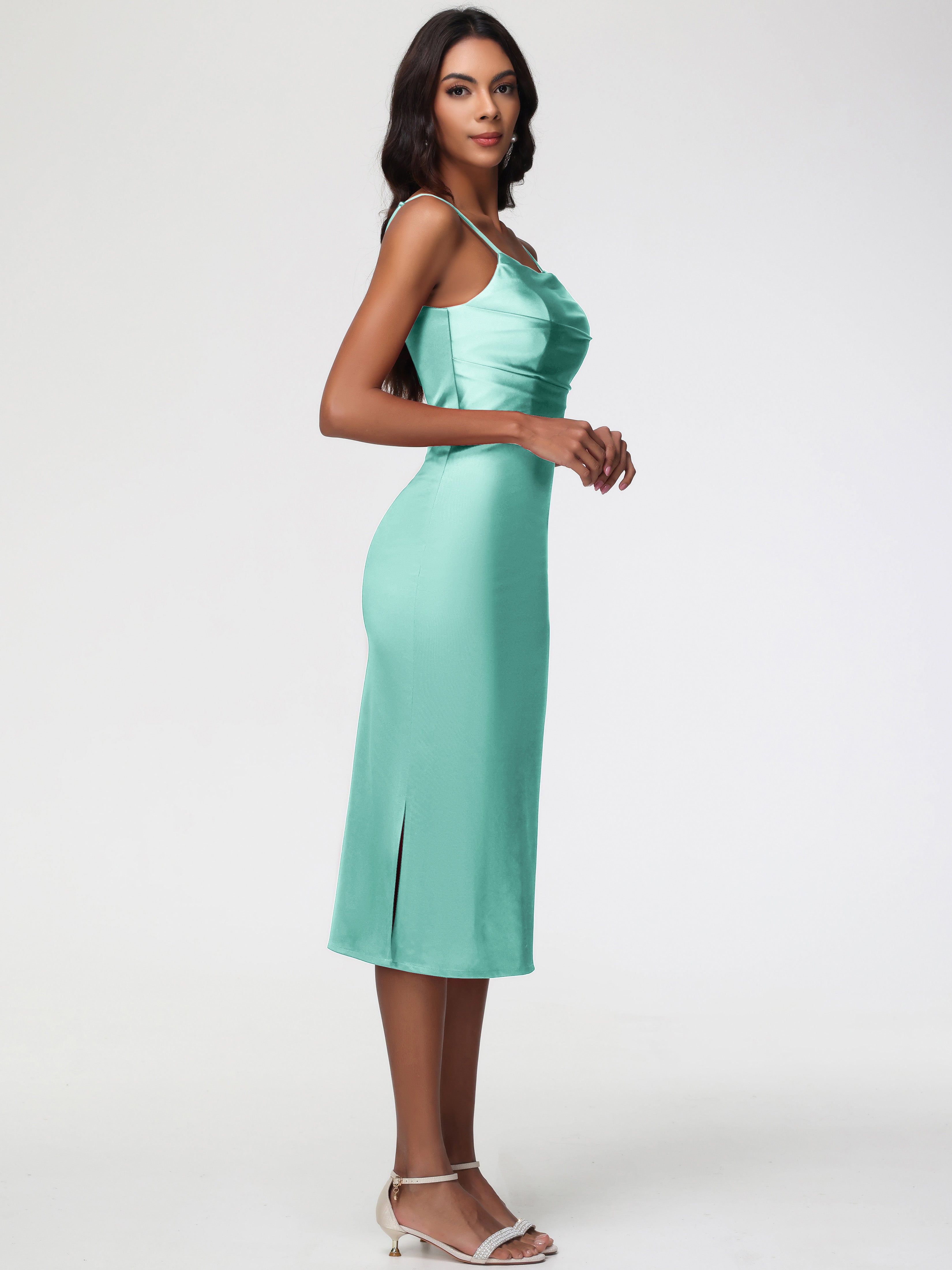 Robes De Demoiselle D'Honneur Vert Menthe Col Bénitier Satin Extensible Robe Fourreau Demoiselle D'Honneur Mi Longue
