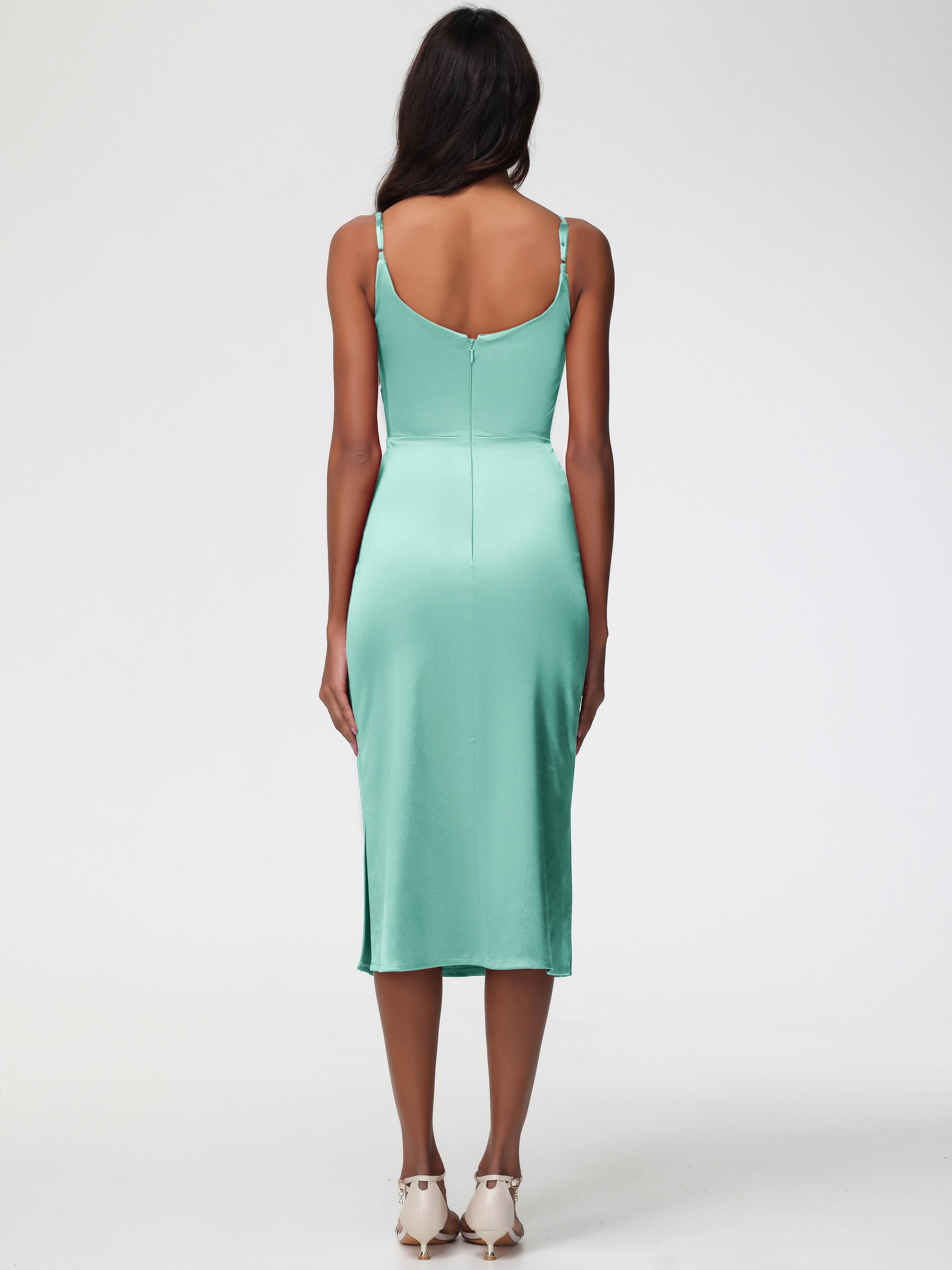 Robes De Demoiselle D'Honneur Vert Menthe Col Bénitier Satin Extensible Robe Fourreau Demoiselle D'Honneur Mi Longue