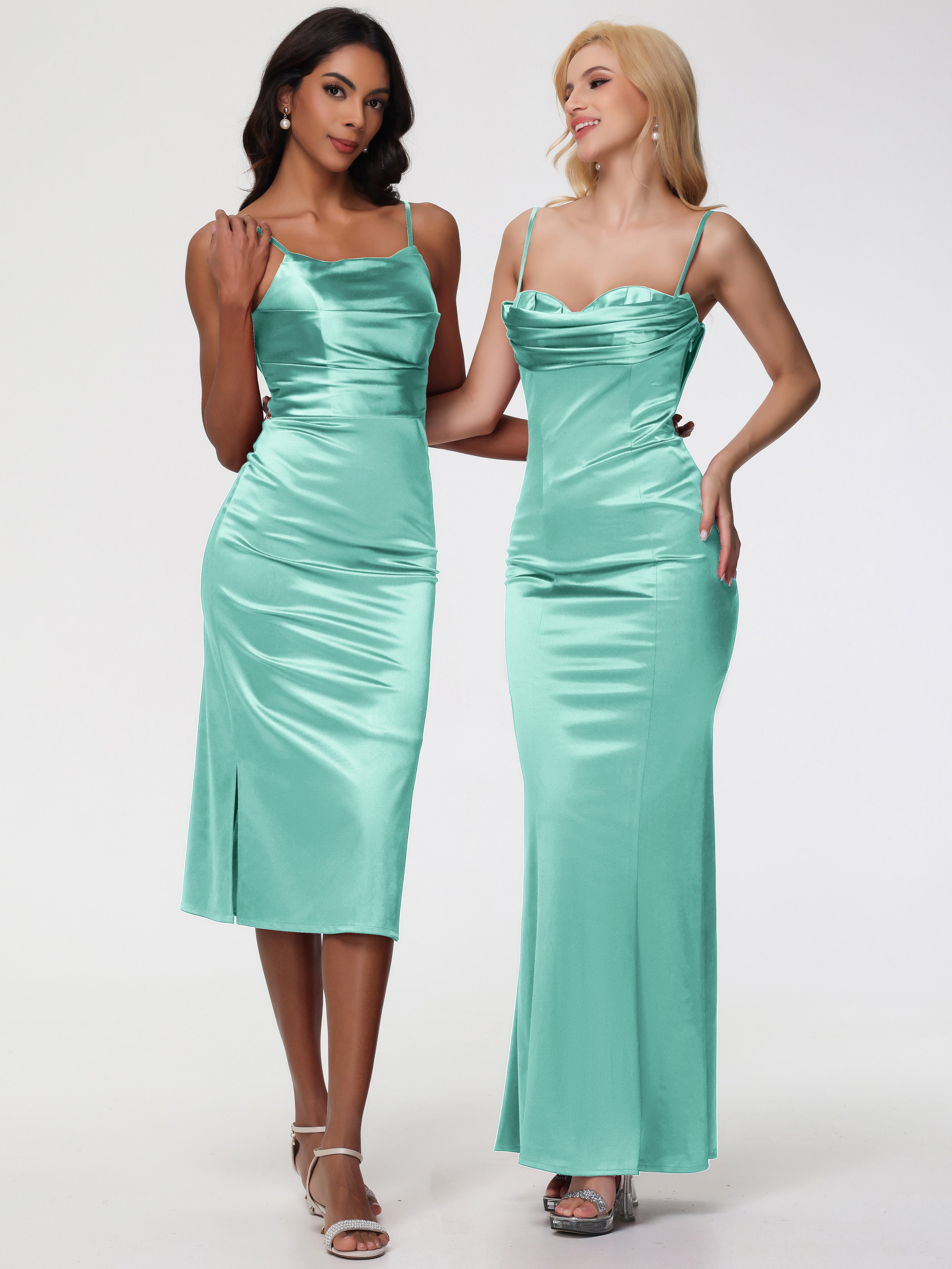 Robes De Demoiselle D'Honneur Vert Menthe Col Bénitier Satin Extensible Robe Fourreau Demoiselle D'Honneur Mi Longue