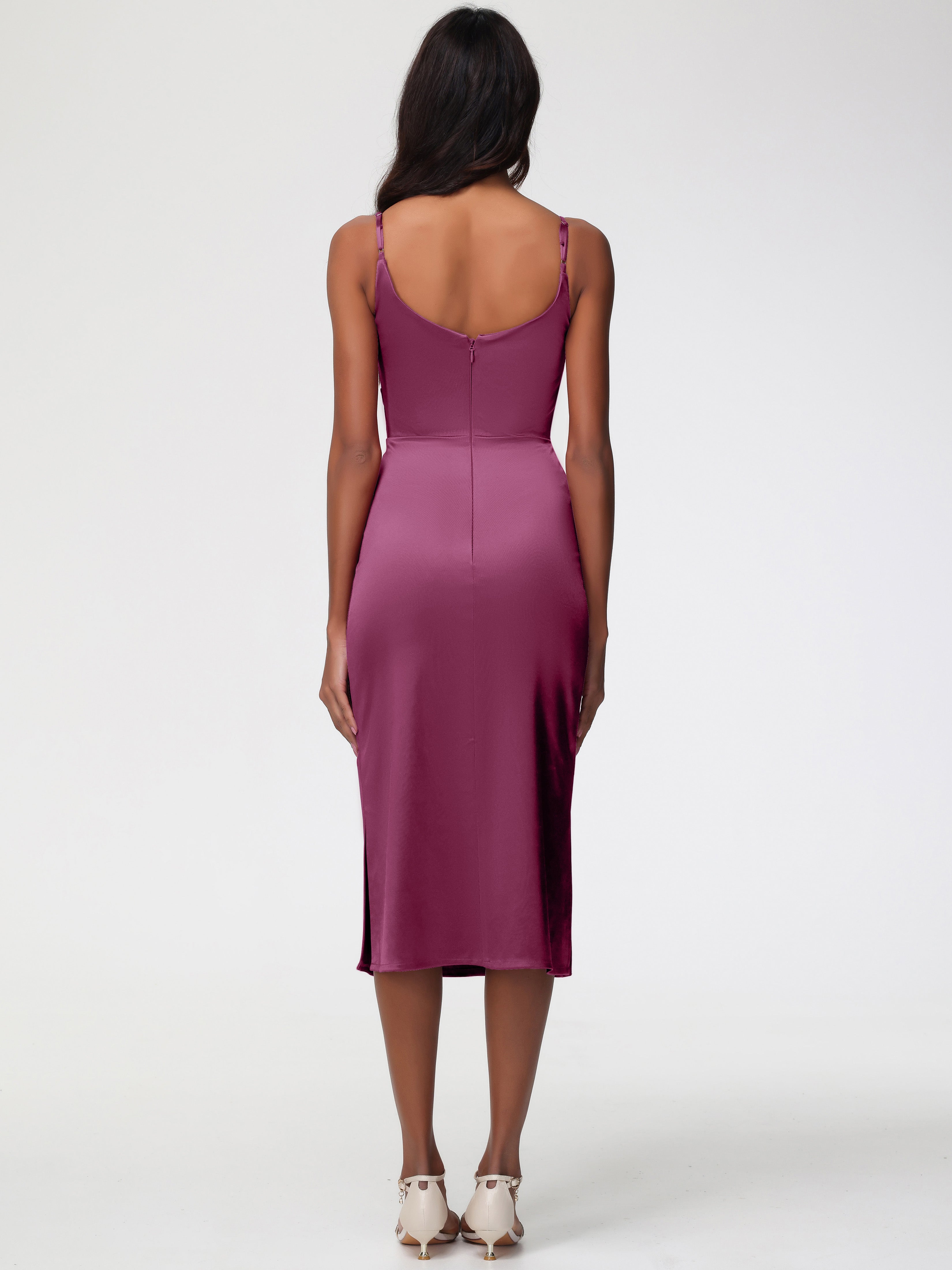 Robes De Demoiselle D'Honneur Mure Col Bénitier Satin Extensible Robe Fourreau Demoiselle D'Honneur Mi Longue