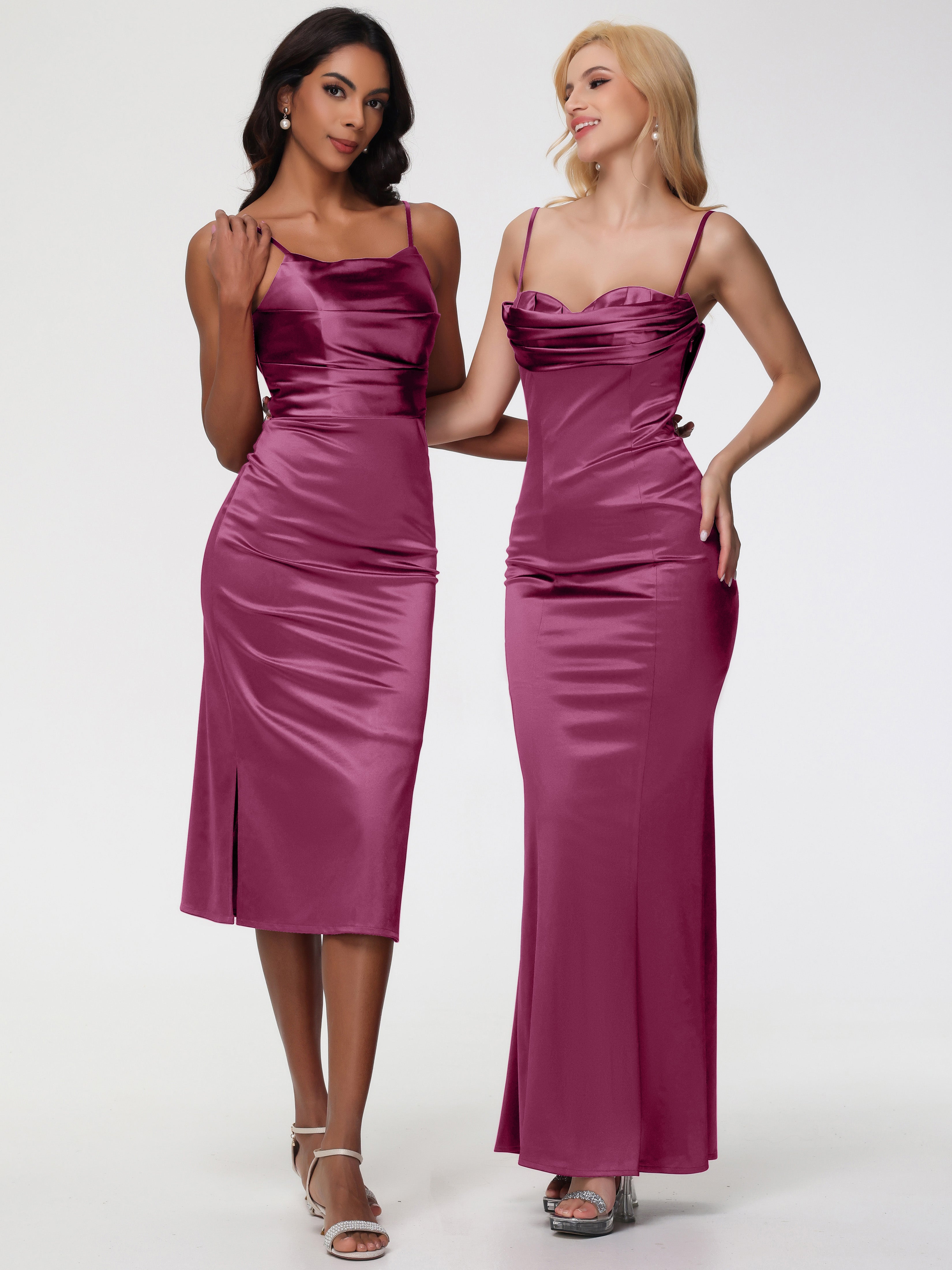 Robes De Demoiselle D'Honneur Mure Col Bénitier Satin Extensible Robe Fourreau Demoiselle D'Honneur Mi Longue