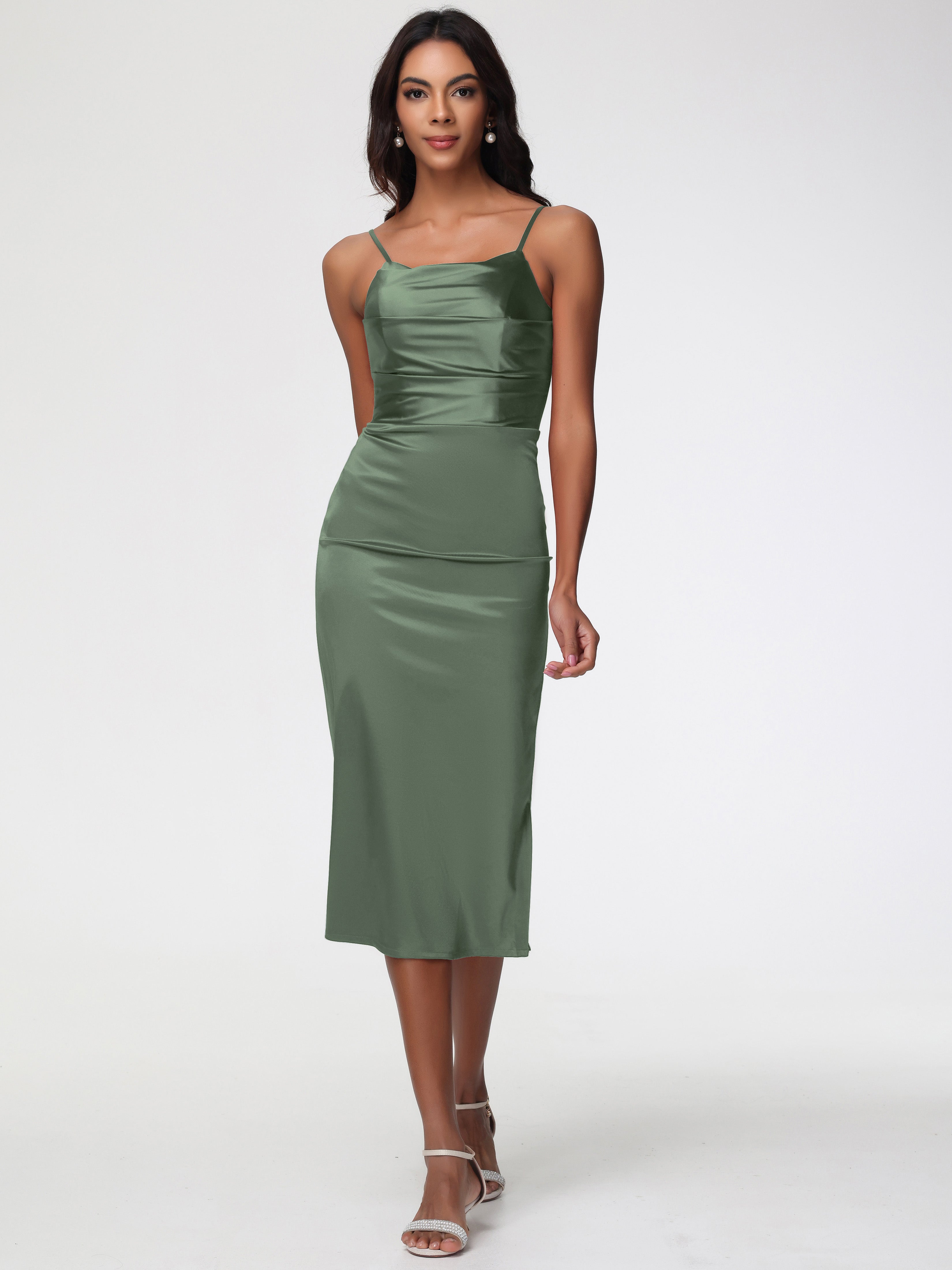 Robe Demoiselle D Honneur Vert Olive Col Bénitier Satin Extensible Robe Fourreau Demoiselle D'Honneur Mi Longue