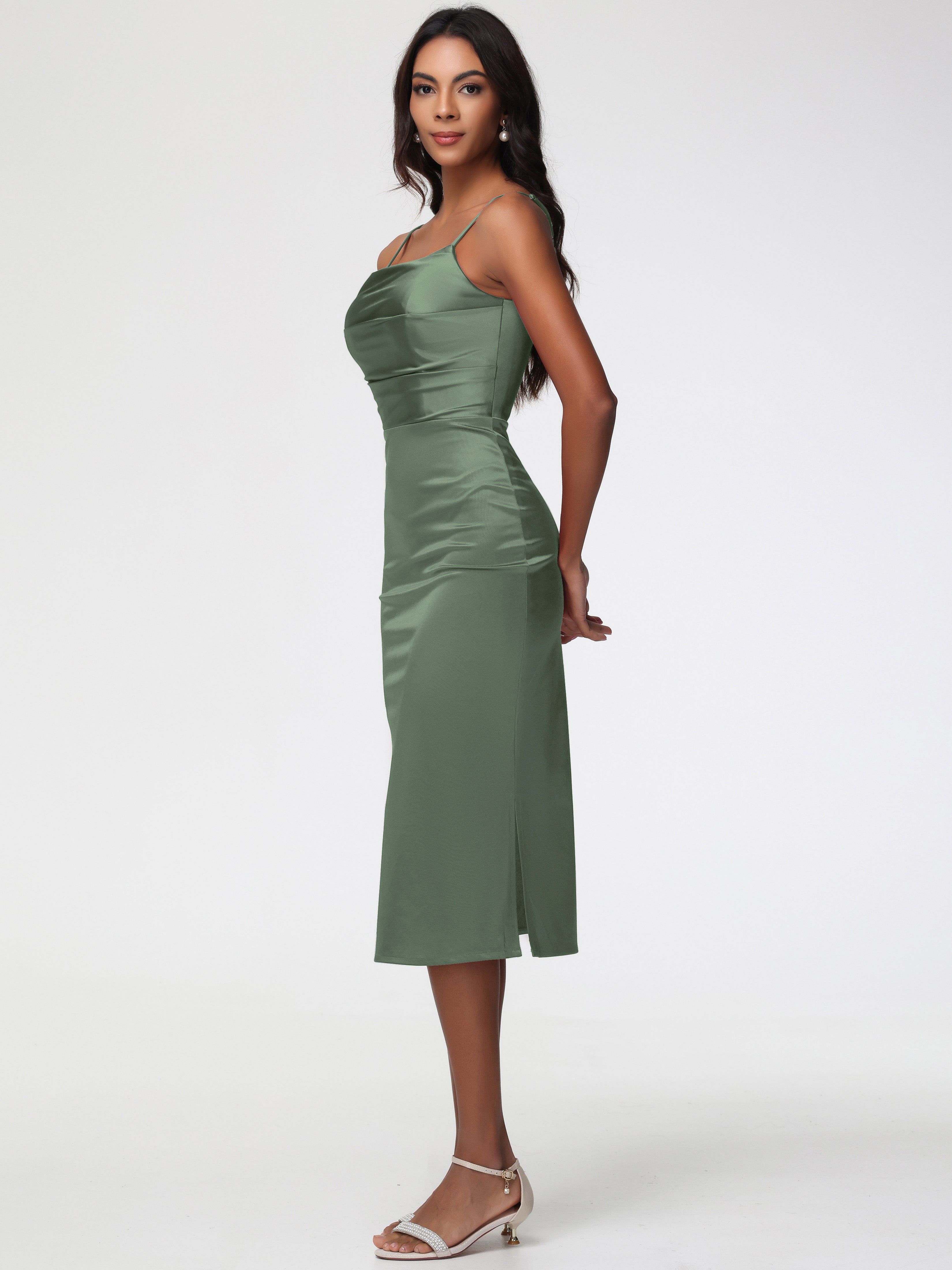 Robe Demoiselle D Honneur Vert Olive Col Bénitier Satin Extensible Robe Fourreau Demoiselle D'Honneur Mi Longue