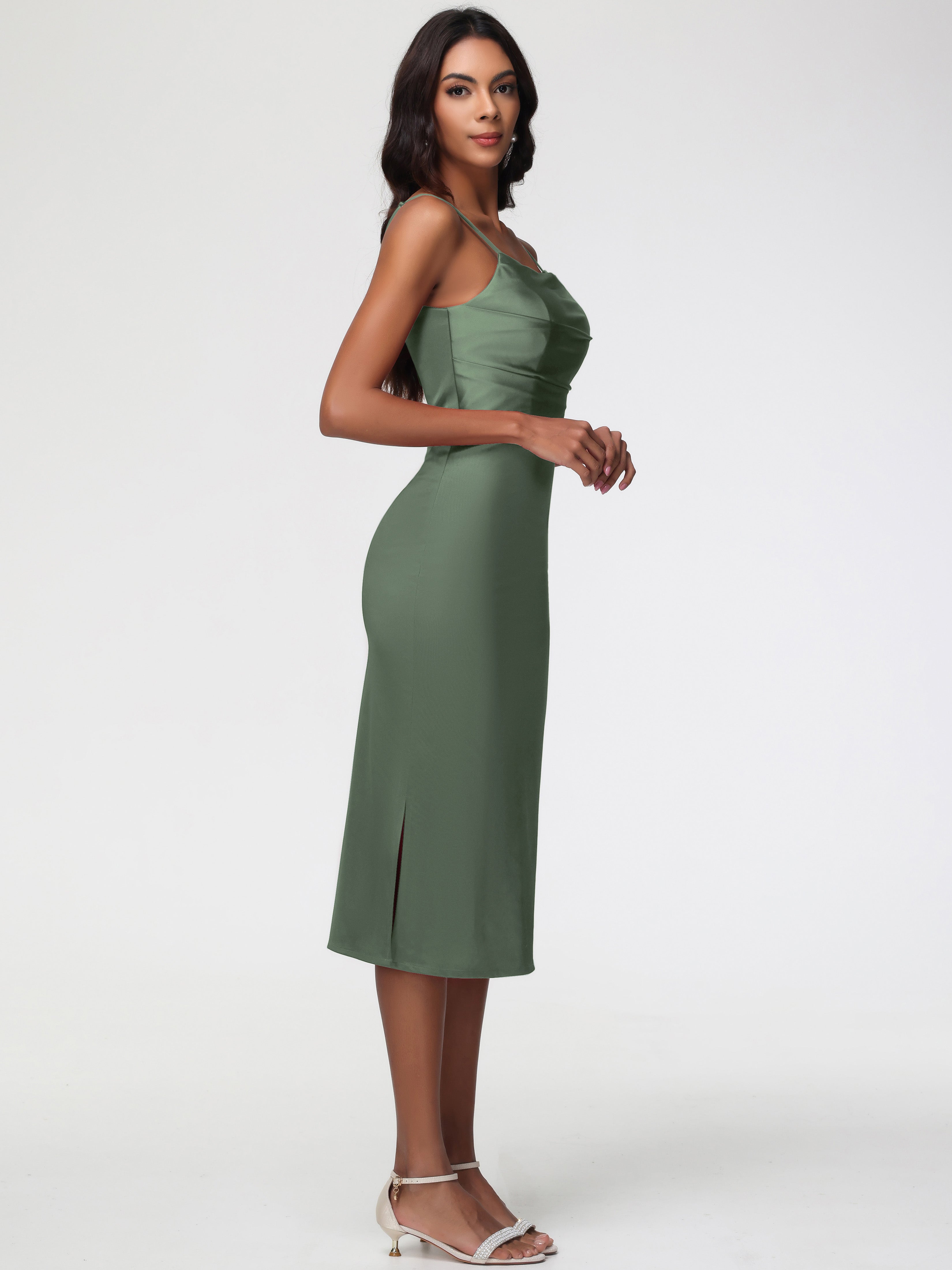 Robe Demoiselle D Honneur Vert Olive Col Bénitier Satin Extensible Robe Fourreau Demoiselle D'Honneur Mi Longue