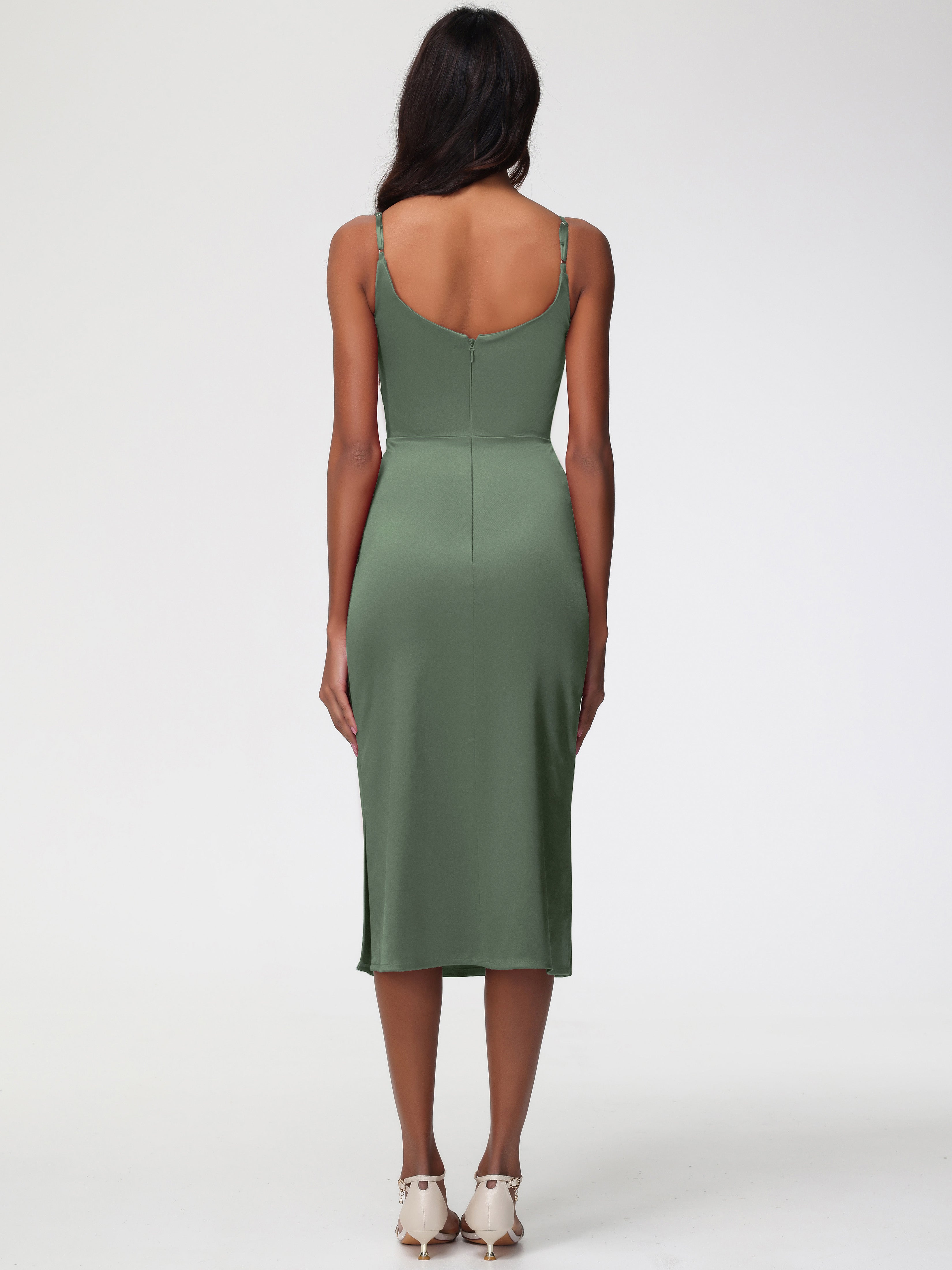 Robe Demoiselle D Honneur Vert Olive Col Bénitier Satin Extensible Robe Fourreau Demoiselle D'Honneur Mi Longue