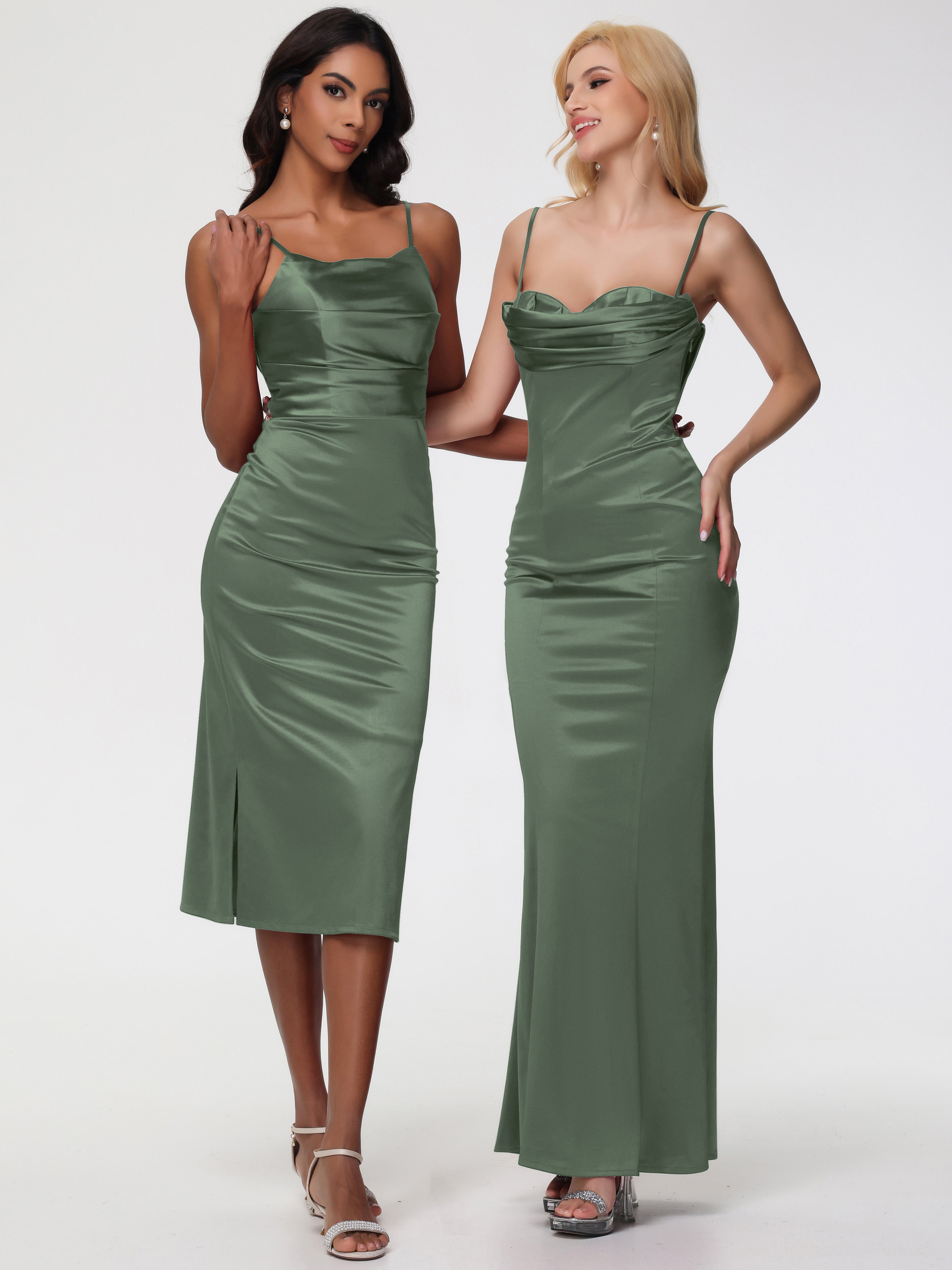 Robe Demoiselle D Honneur Vert Olive Col Bénitier Satin Extensible Robe Fourreau Demoiselle D'Honneur Mi Longue