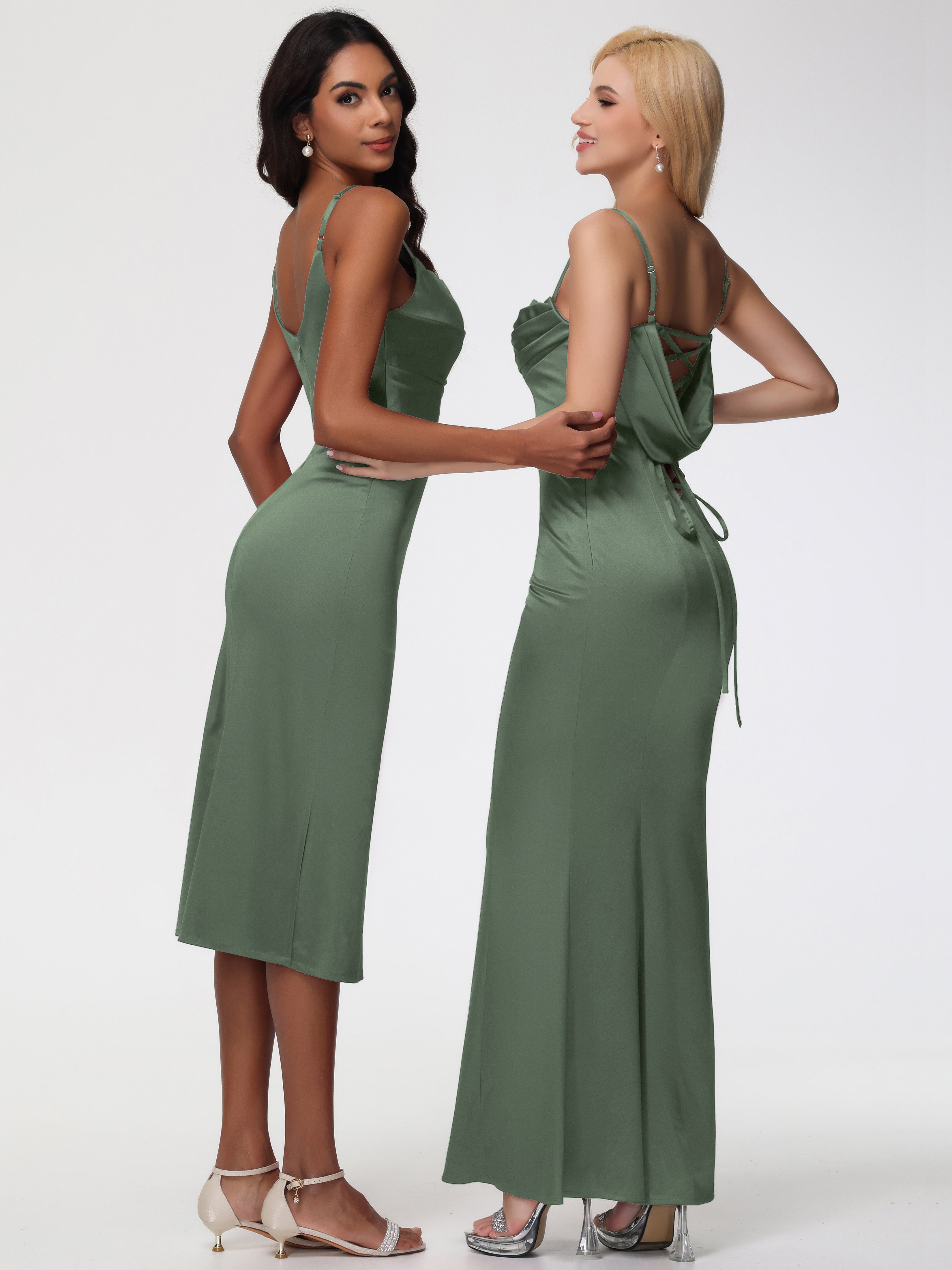 Robe Demoiselle D Honneur Vert Olive Col Bénitier Satin Extensible Robe Fourreau Demoiselle D'Honneur Mi Longue