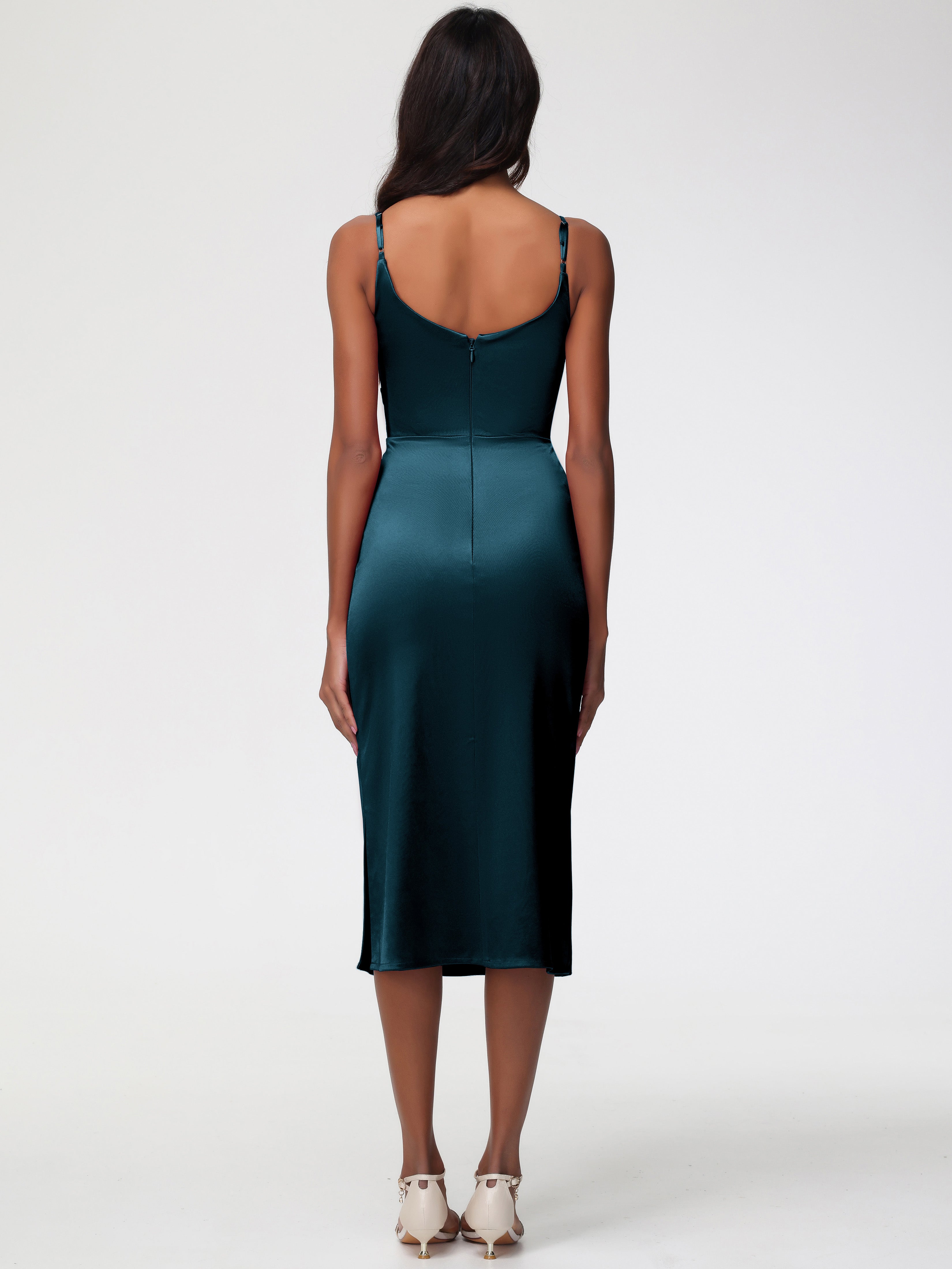 Robes De Demoiselle D'Honneur De Paon Col Bénitier Satin Extensible Robe Fourreau Demoiselle D'Honneur Mi Longue