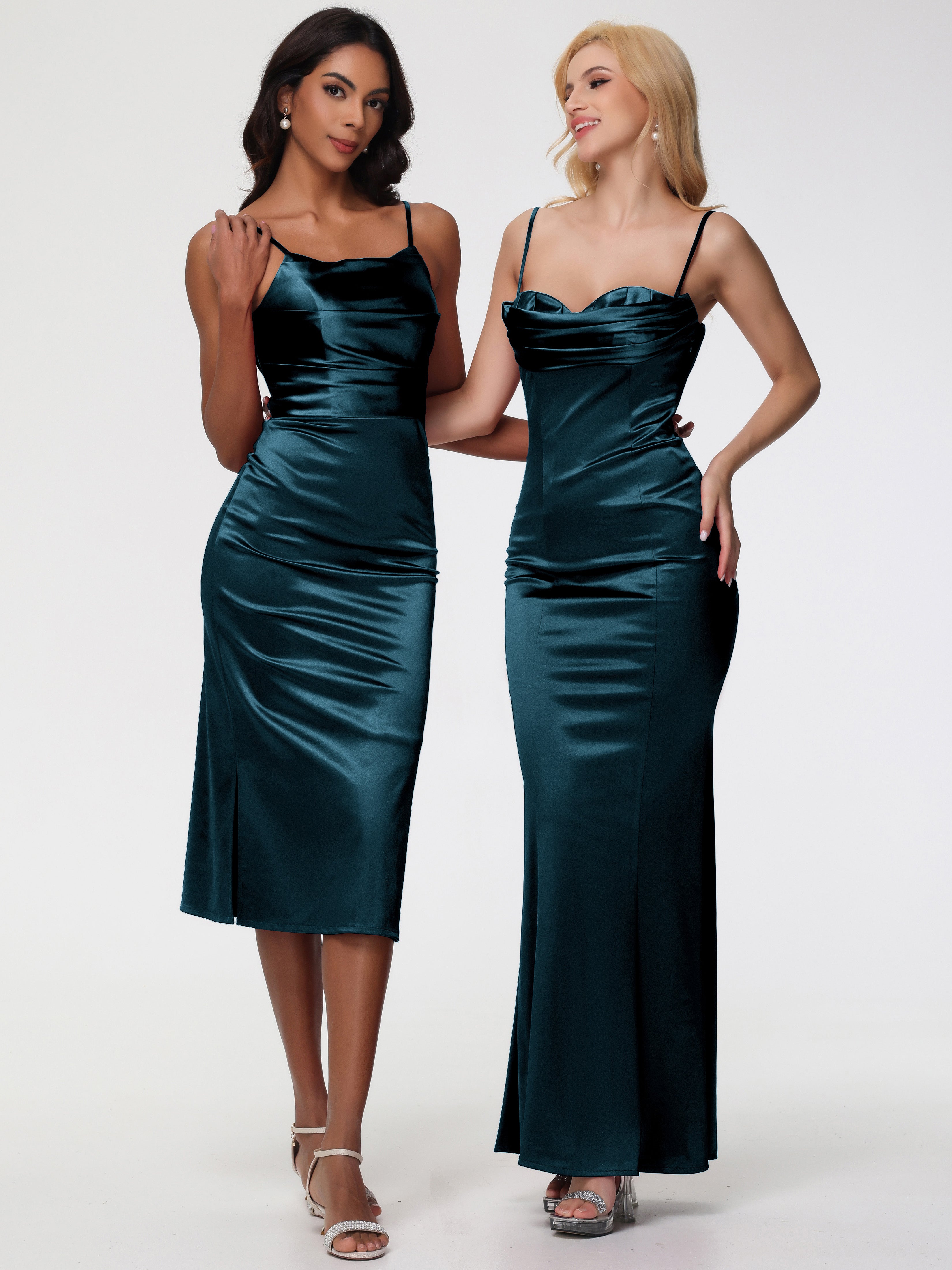 Robes De Demoiselle D'Honneur De Paon Col Bénitier Satin Extensible Robe Fourreau Demoiselle D'Honneur Mi Longue