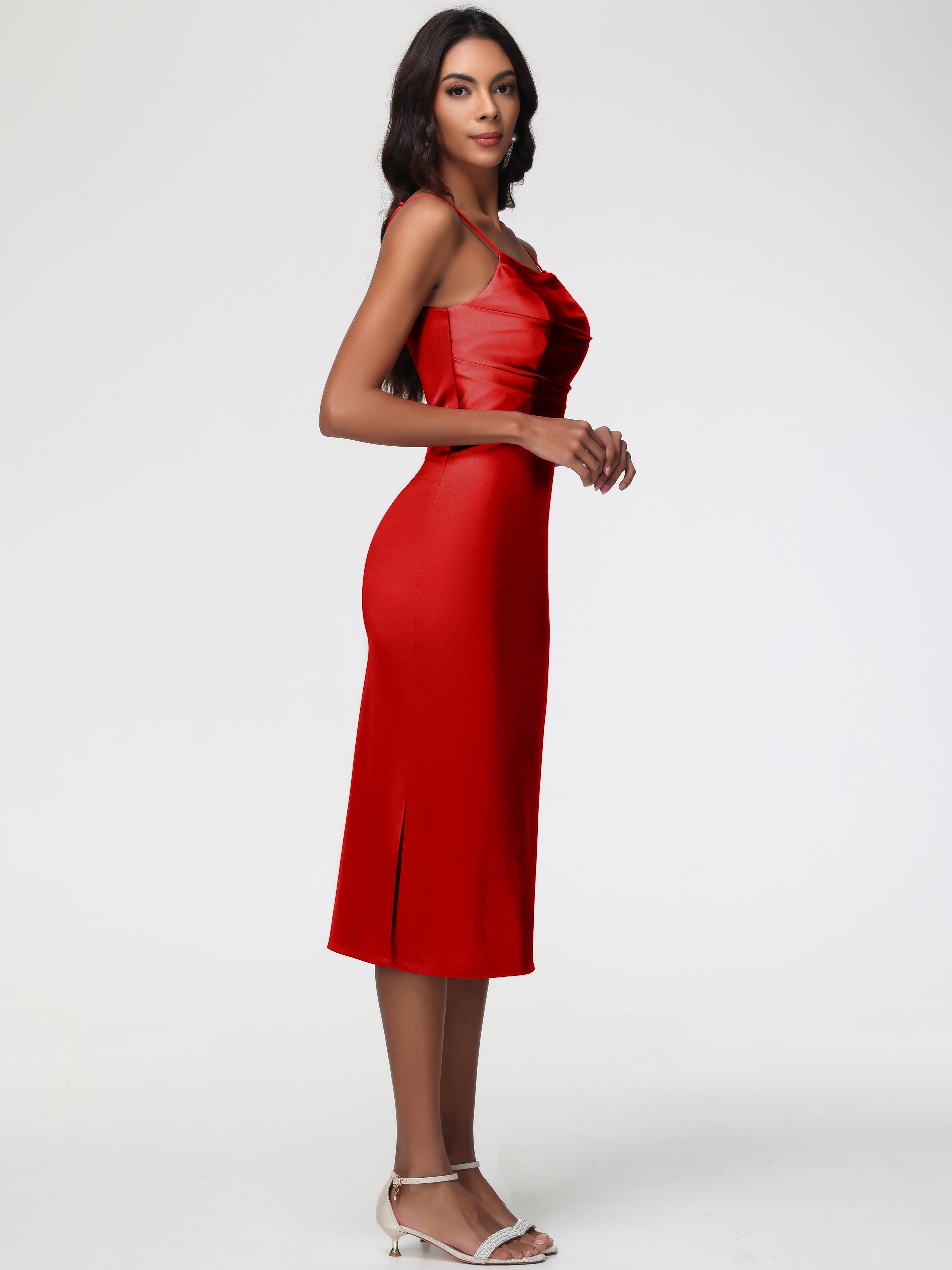 Robe Rouge Demoiselle D Honneur Col Bénitier Satin Extensible Robe Fourreau Demoiselle D'Honneur Mi Longue