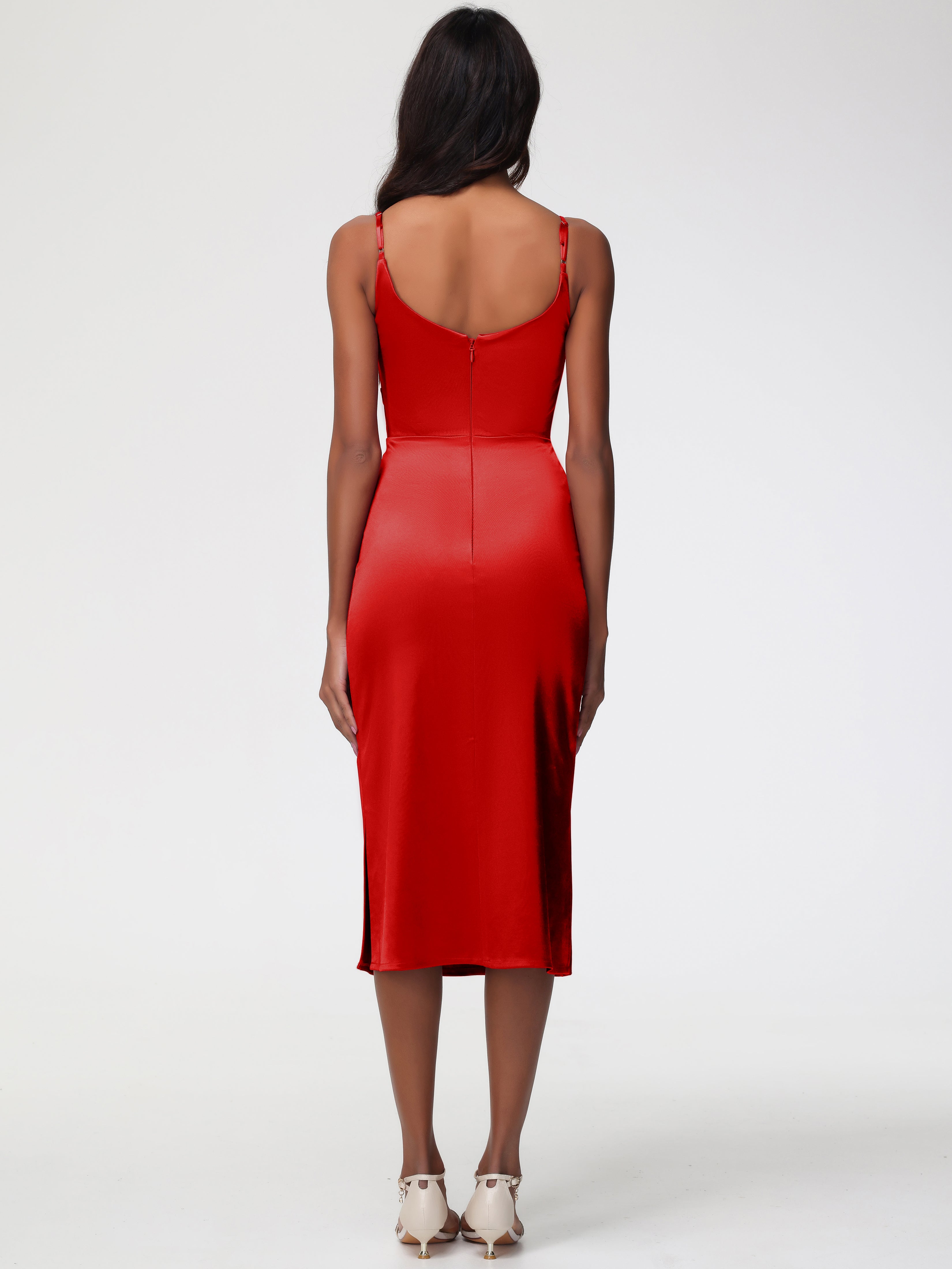 Robe Rouge Demoiselle D Honneur Col Bénitier Satin Extensible Robe Fourreau Demoiselle D'Honneur Mi Longue