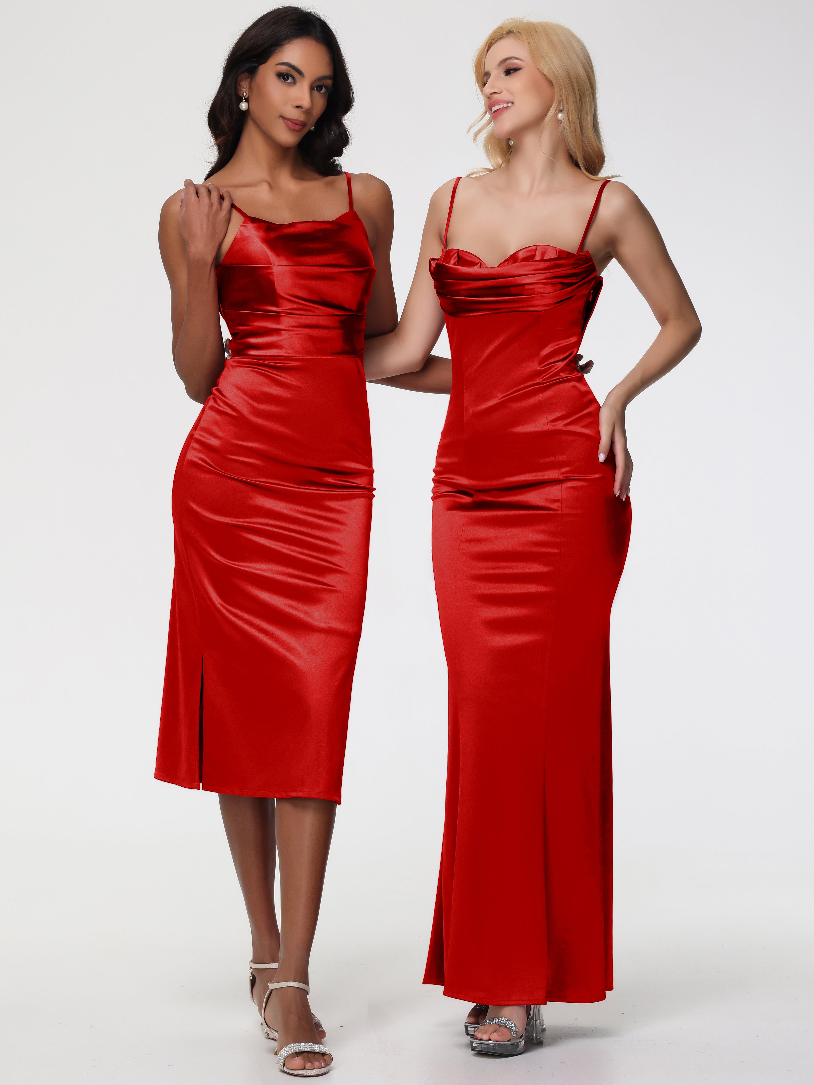 Robe Rouge Demoiselle D Honneur Col Bénitier Satin Extensible Robe Fourreau Demoiselle D'Honneur Mi Longue