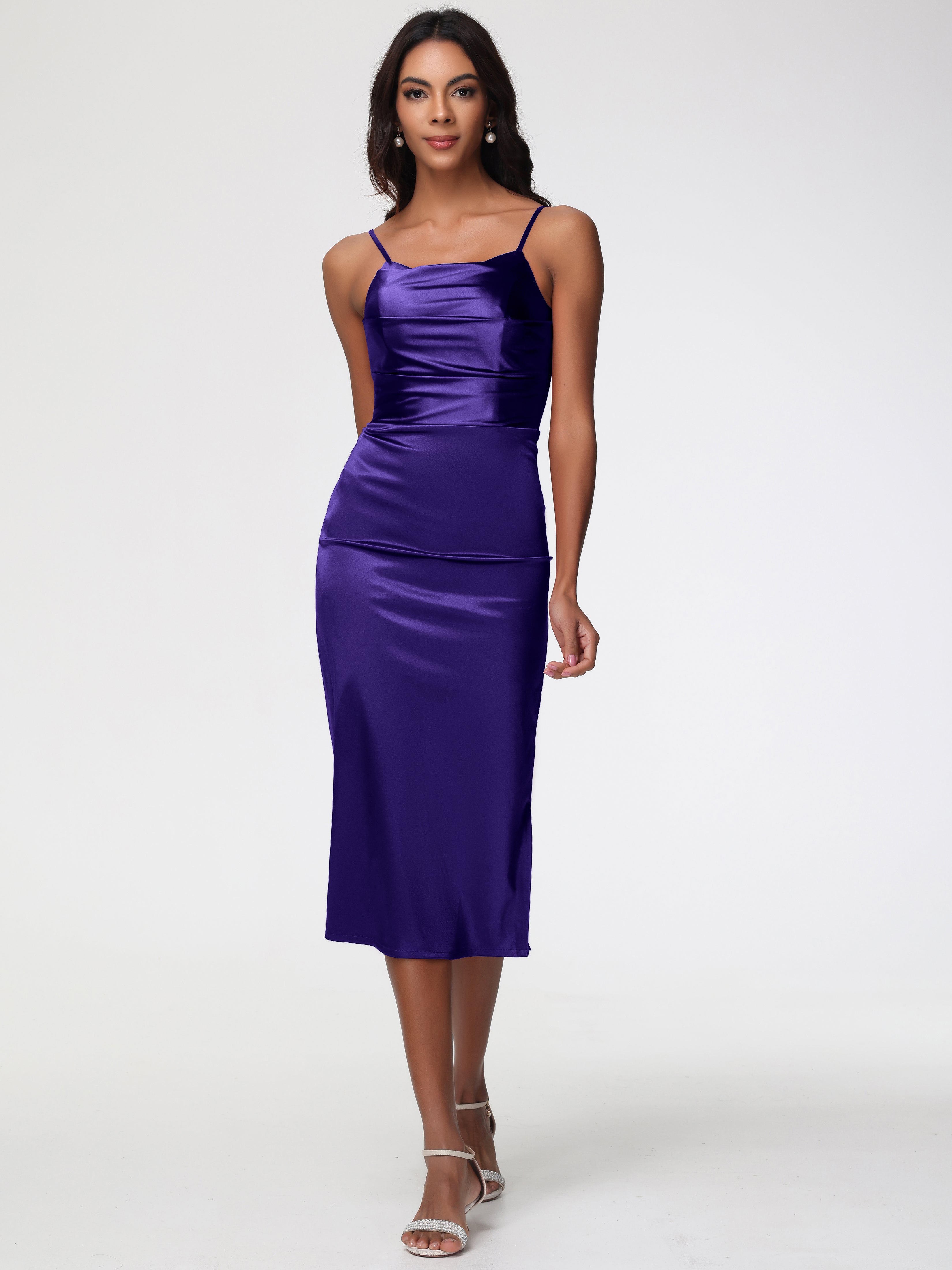 Robes De Demoiselle D'Honneur En Régence Col Bénitier Satin Extensible Robe Fourreau Demoiselle D'Honneur Mi Longue