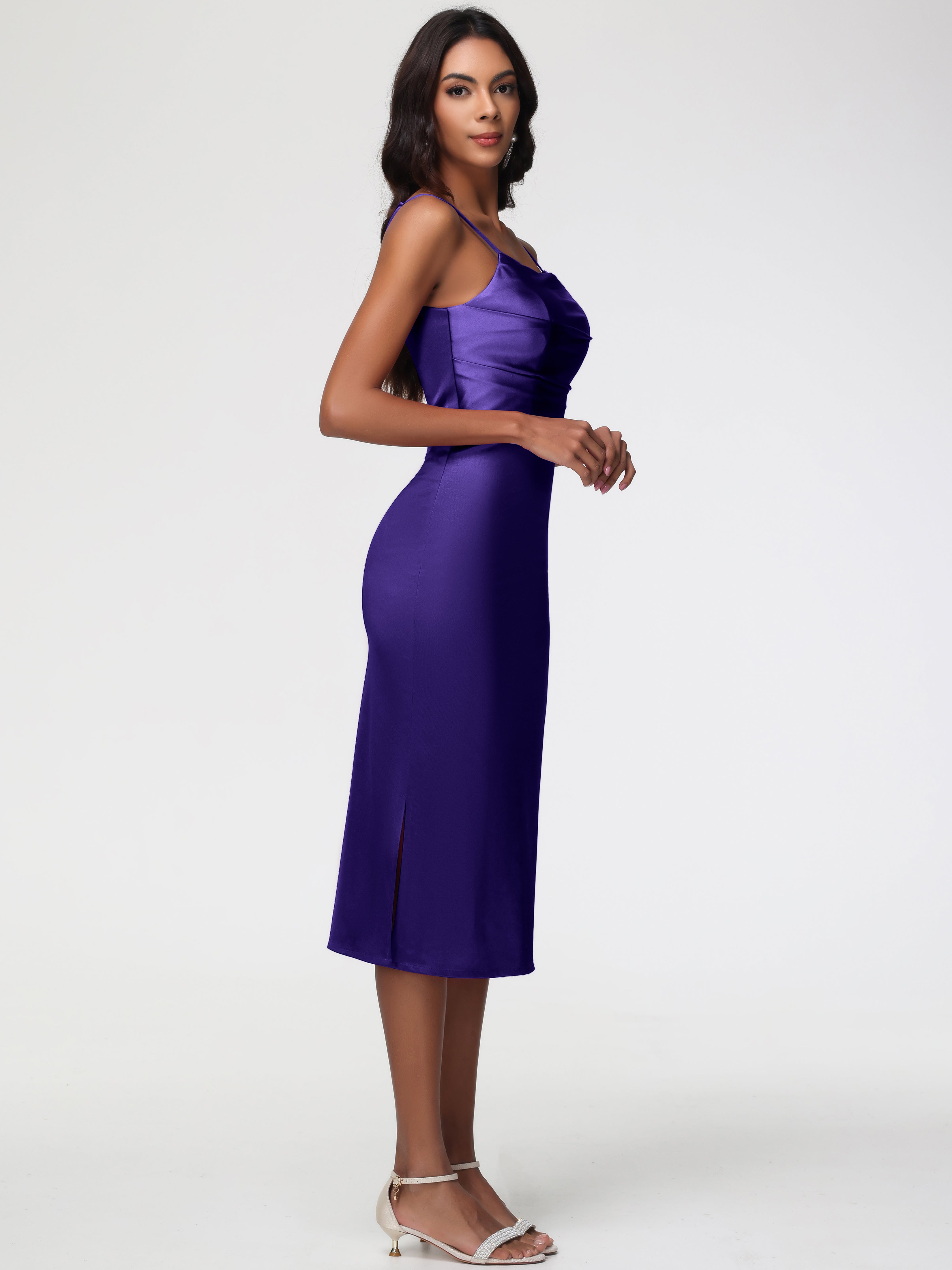 Robes De Demoiselle D'Honneur En Régence Col Bénitier Satin Extensible Robe Fourreau Demoiselle D'Honneur Mi Longue