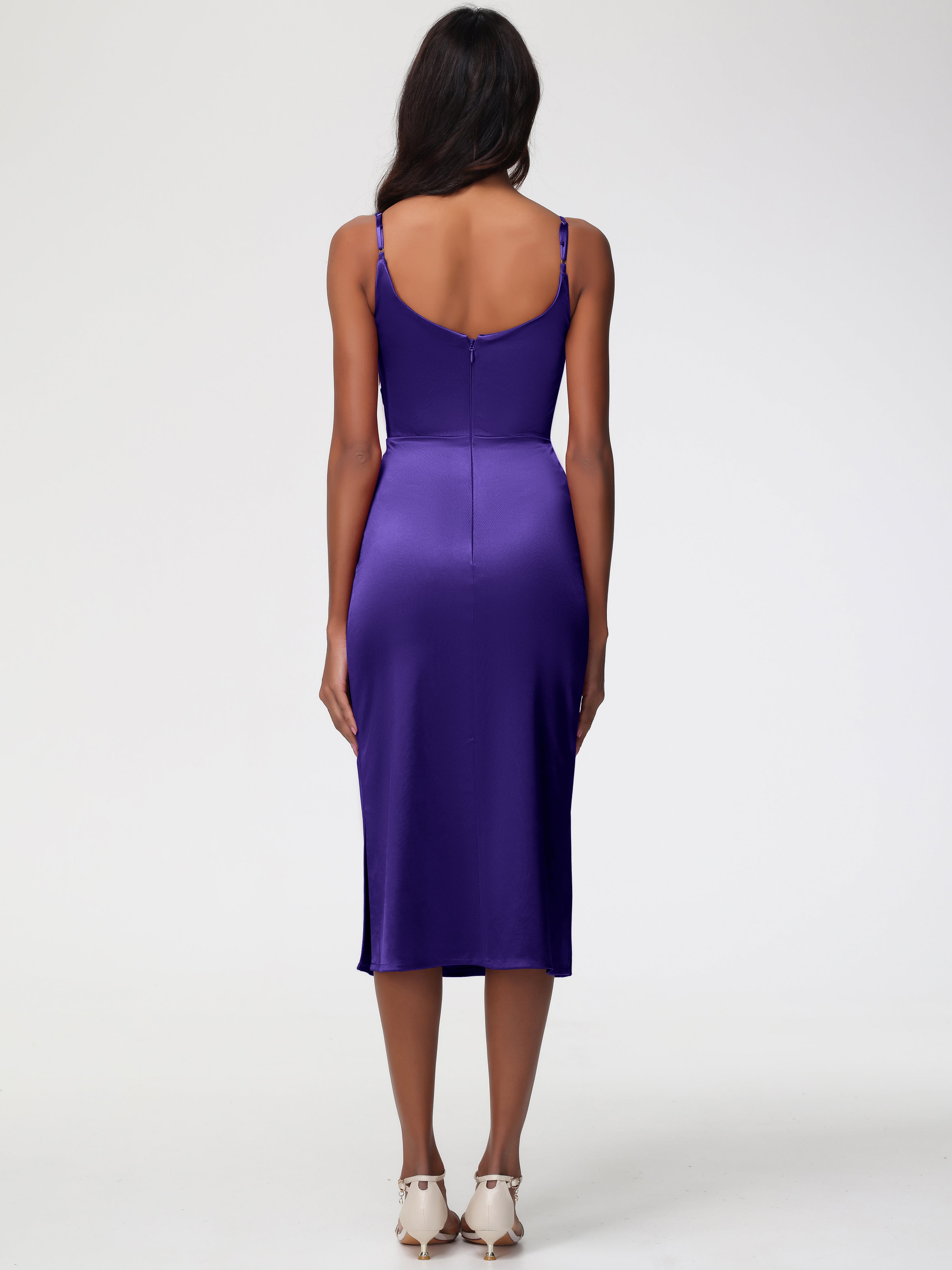 Robes De Demoiselle D'Honneur En Régence Col Bénitier Satin Extensible Robe Fourreau Demoiselle D'Honneur Mi Longue