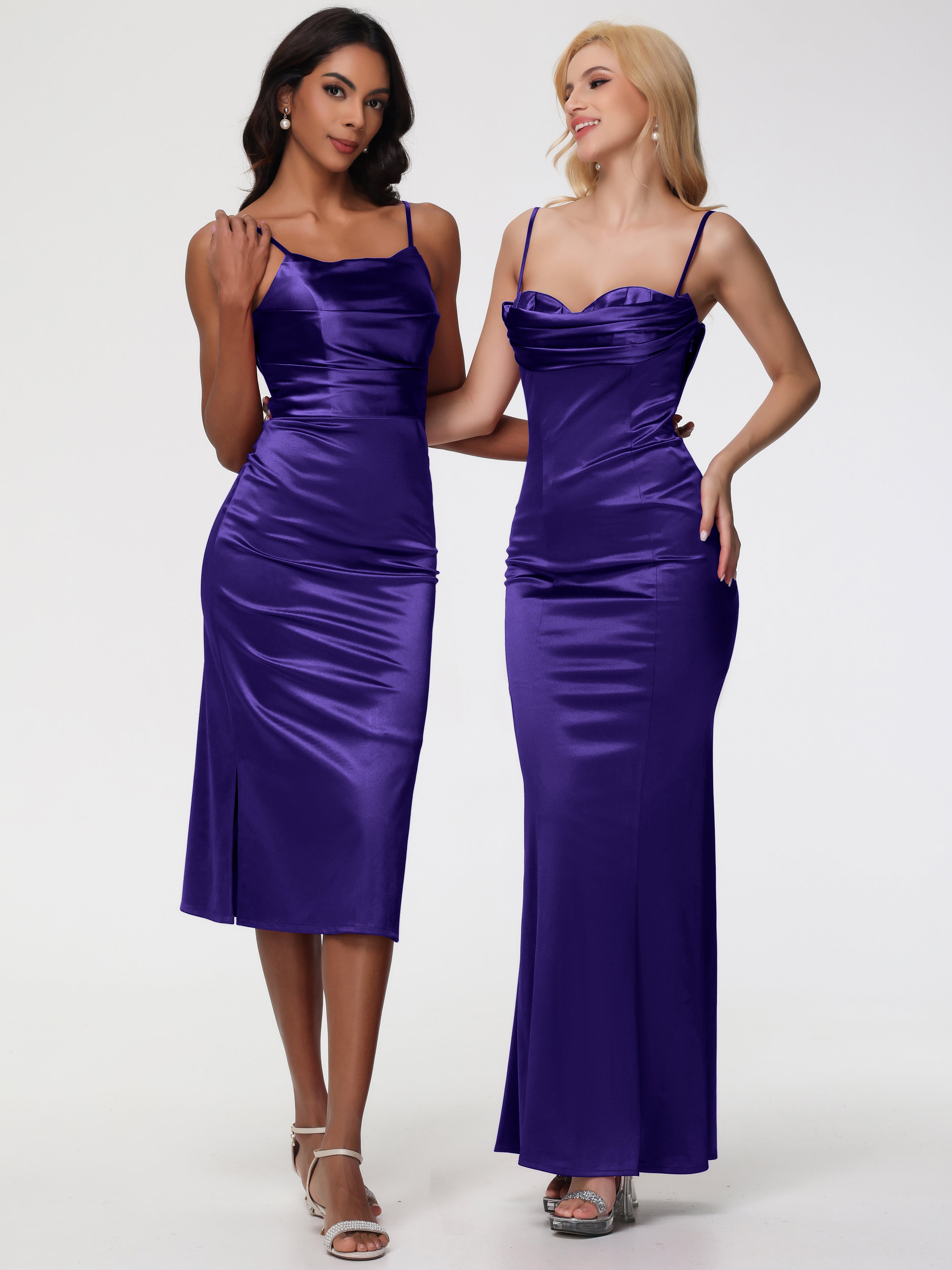 Robes De Demoiselle D'Honneur En Régence Col Bénitier Satin Extensible Robe Fourreau Demoiselle D'Honneur Mi Longue
