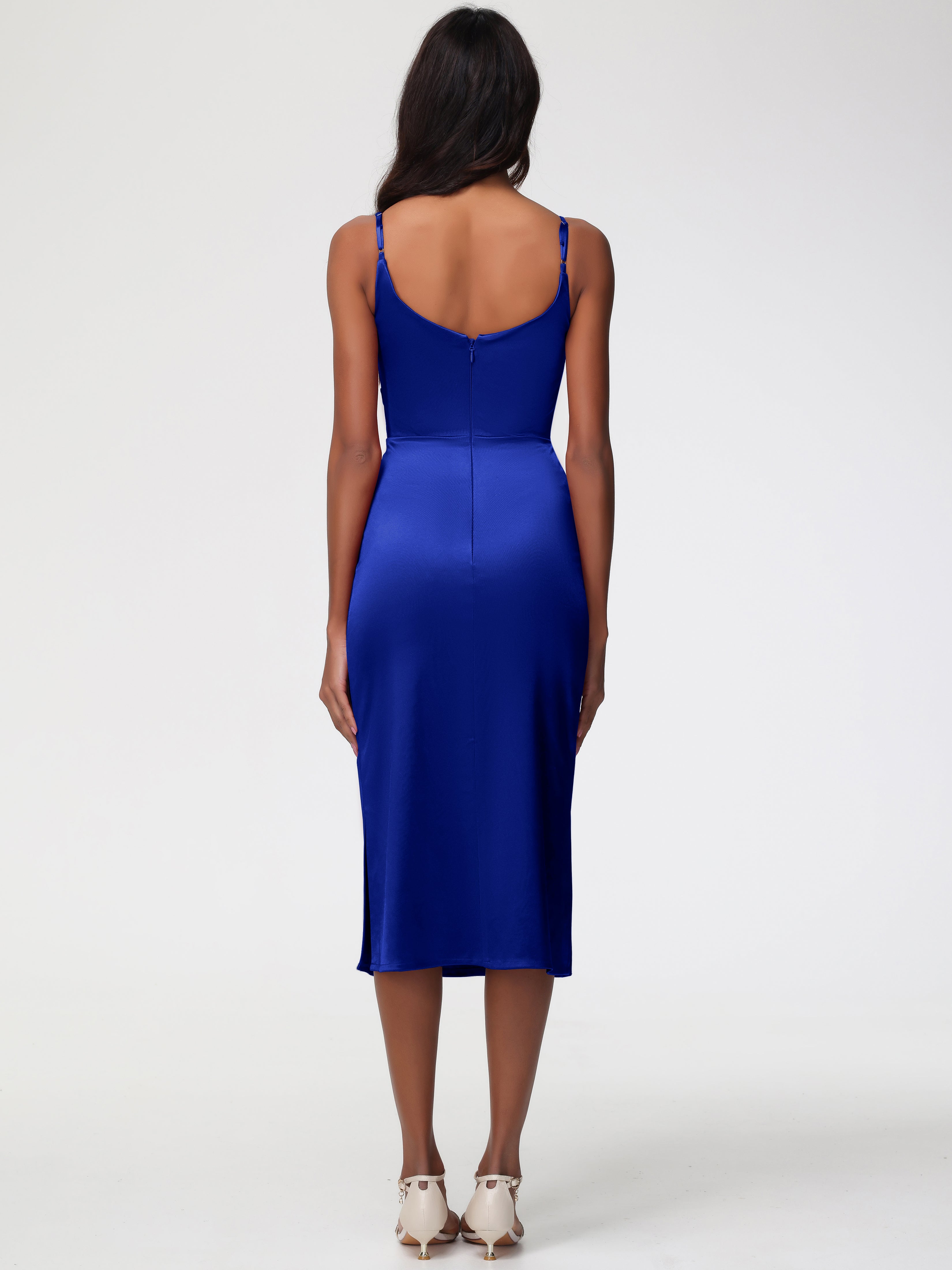 Robe De Demoiselle D Honneur Bleu Royal Col Bénitier Satin Extensible Robe Fourreau Demoiselle D'Honneur Mi Longue