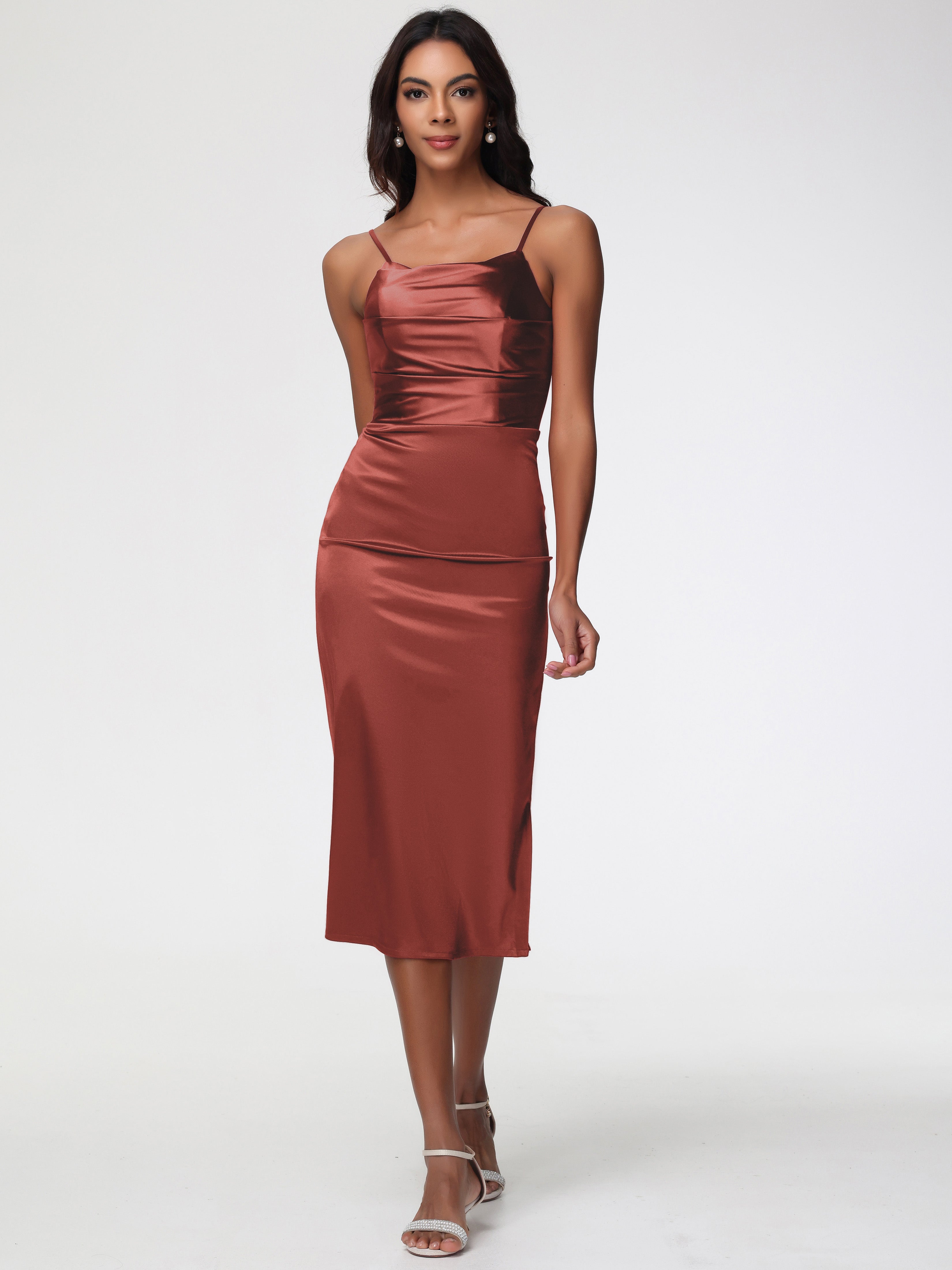 Robe Rouille Demoiselle D Honneur Col Bénitier Satin Extensible Robe Fourreau Demoiselle D'Honneur Mi Longue