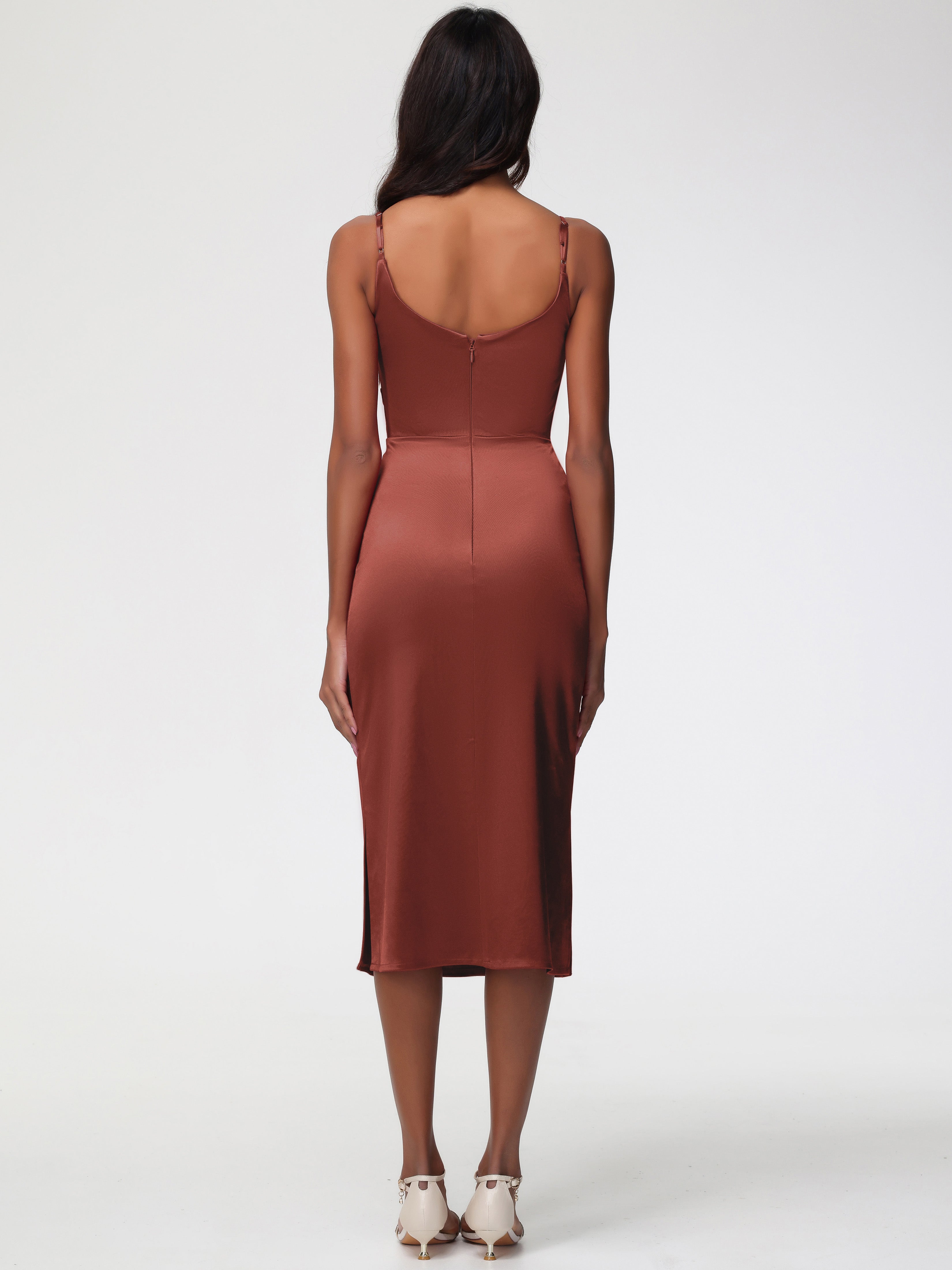 Robe Rouille Demoiselle D Honneur Col Bénitier Satin Extensible Robe Fourreau Demoiselle D'Honneur Mi Longue