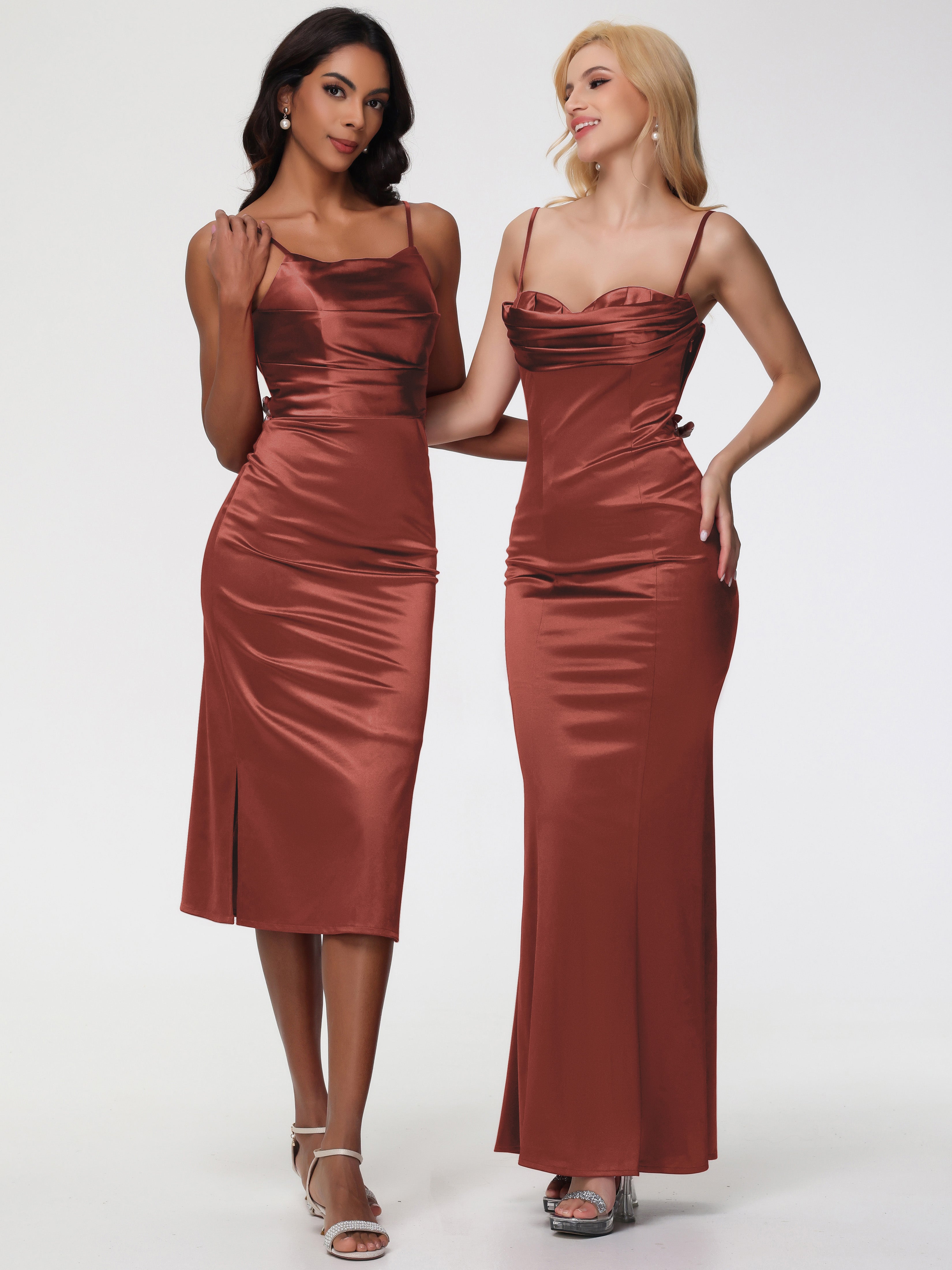 Robe Rouille Demoiselle D Honneur Col Bénitier Satin Extensible Robe Fourreau Demoiselle D'Honneur Mi Longue