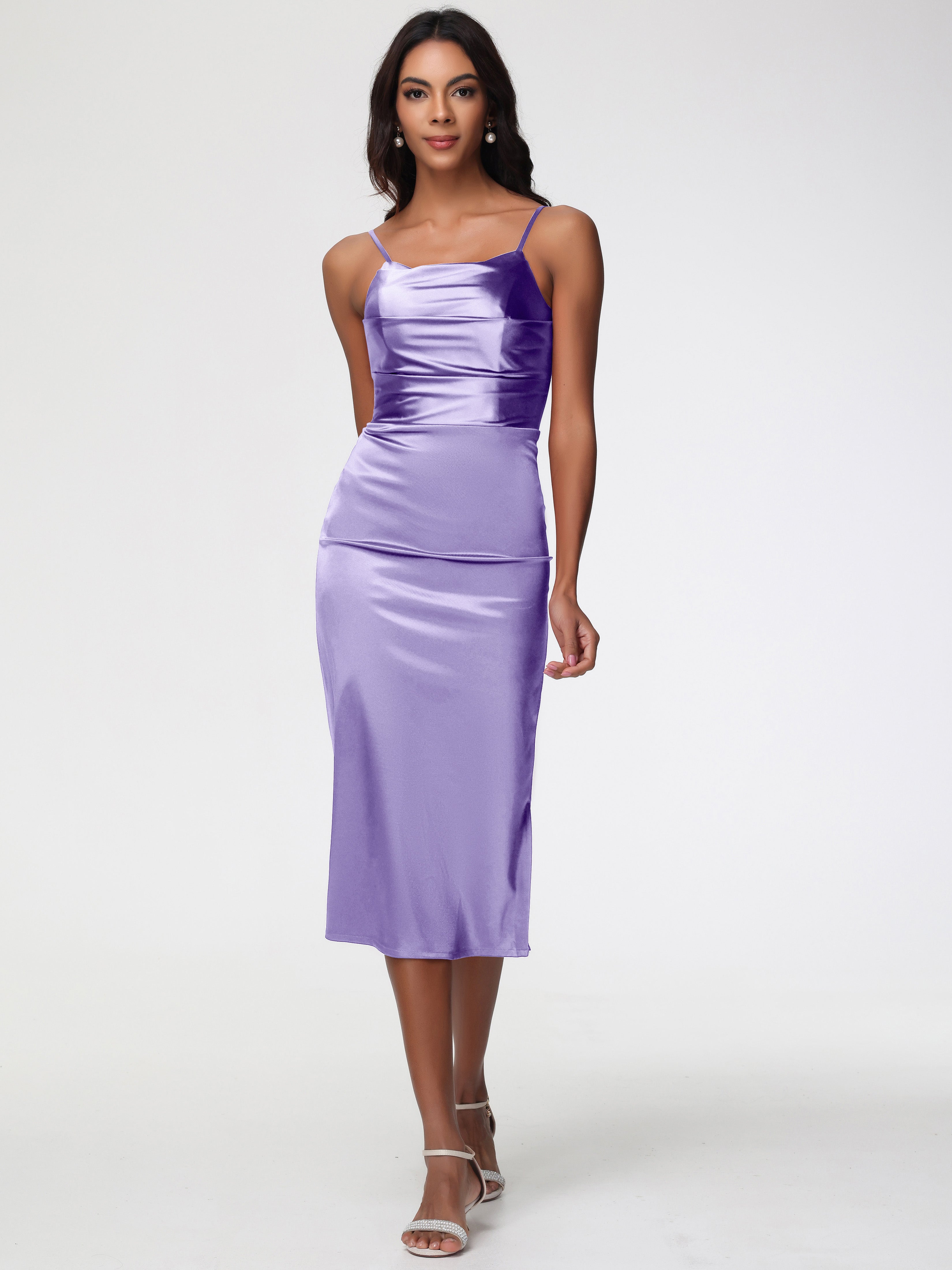 Robes De Demoiselle D'Honneur Tahiti Col Bénitier Satin Extensible Robe Fourreau Demoiselle D'Honneur Mi Longue
