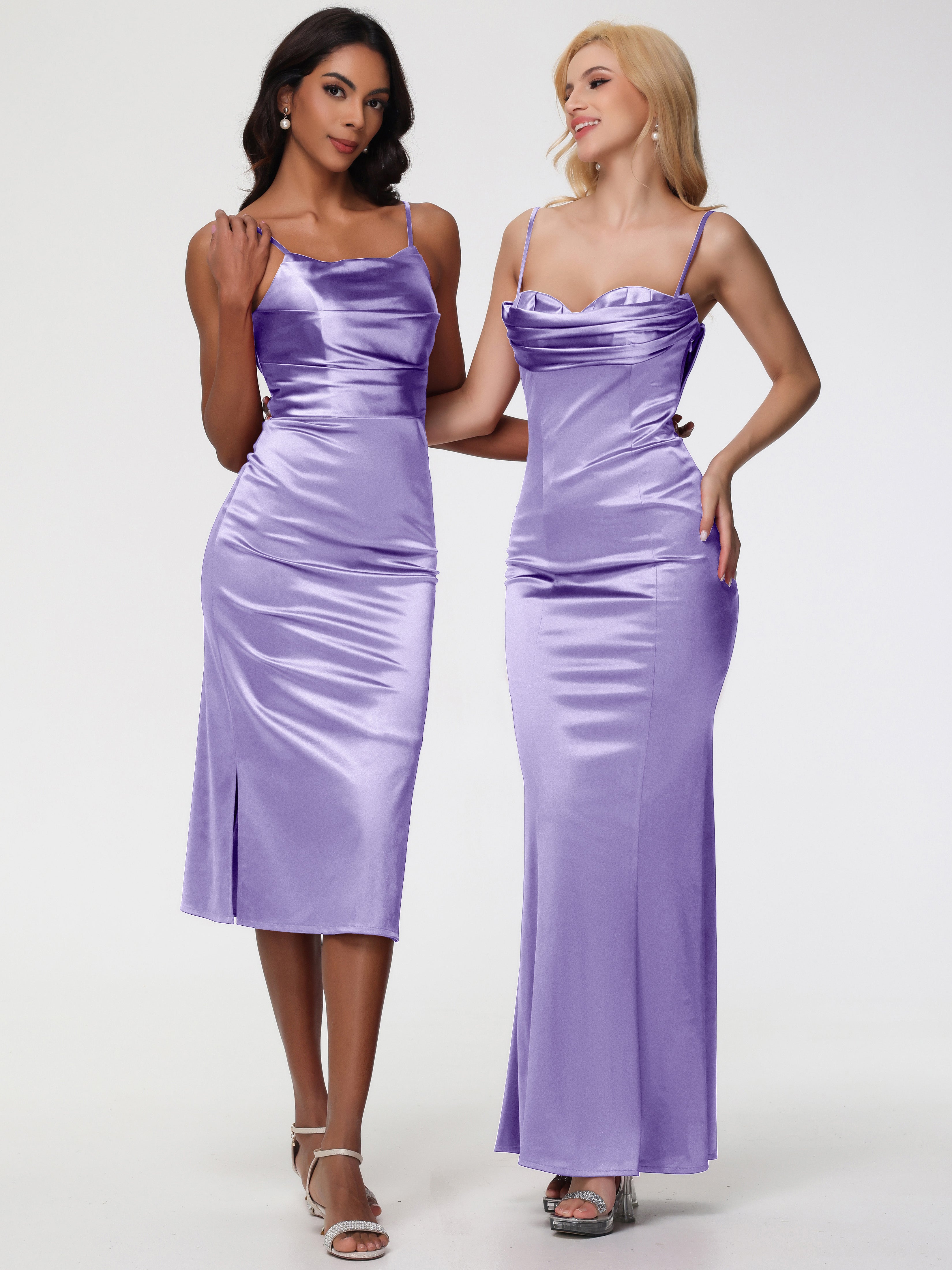 Robes De Demoiselle D'Honneur Tahiti Col Bénitier Satin Extensible Robe Fourreau Demoiselle D'Honneur Mi Longue