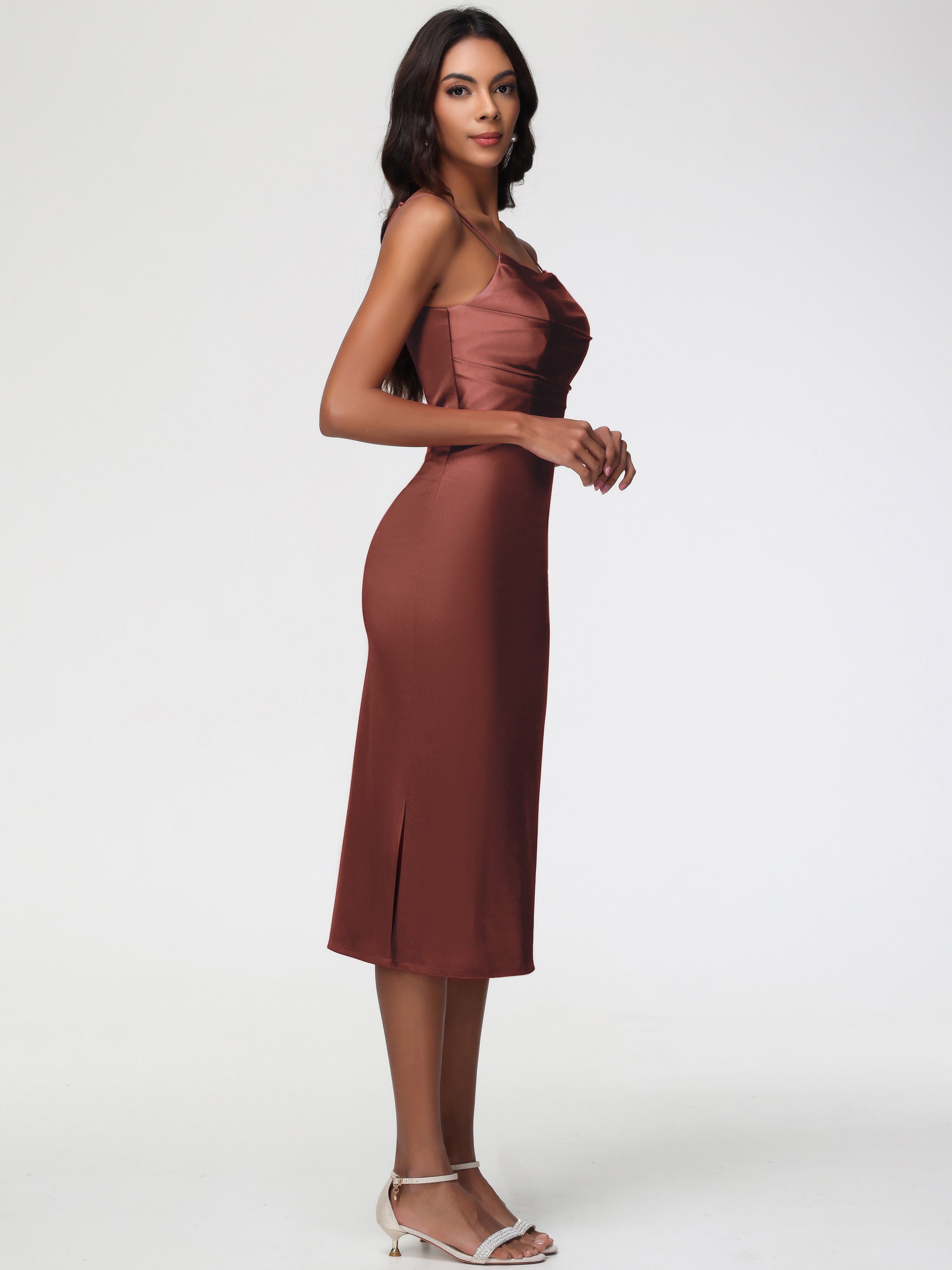 Robes Demoiselles D Honneur Terracotta Col Bénitier Satin Extensible Robe Fourreau Demoiselle D'Honneur Mi Longue