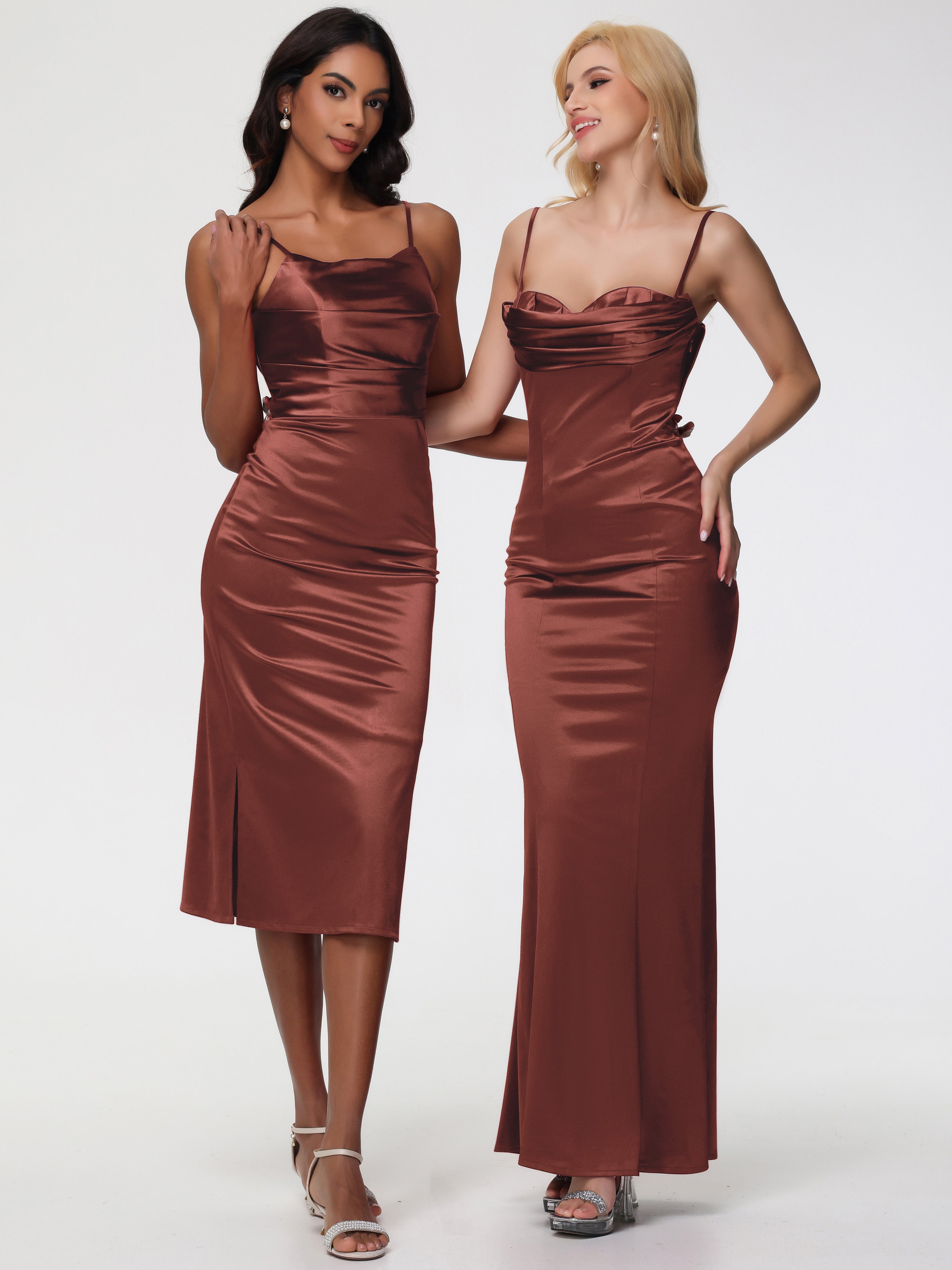 Robes Demoiselles D Honneur Terracotta Col Bénitier Satin Extensible Robe Fourreau Demoiselle D'Honneur Mi Longue